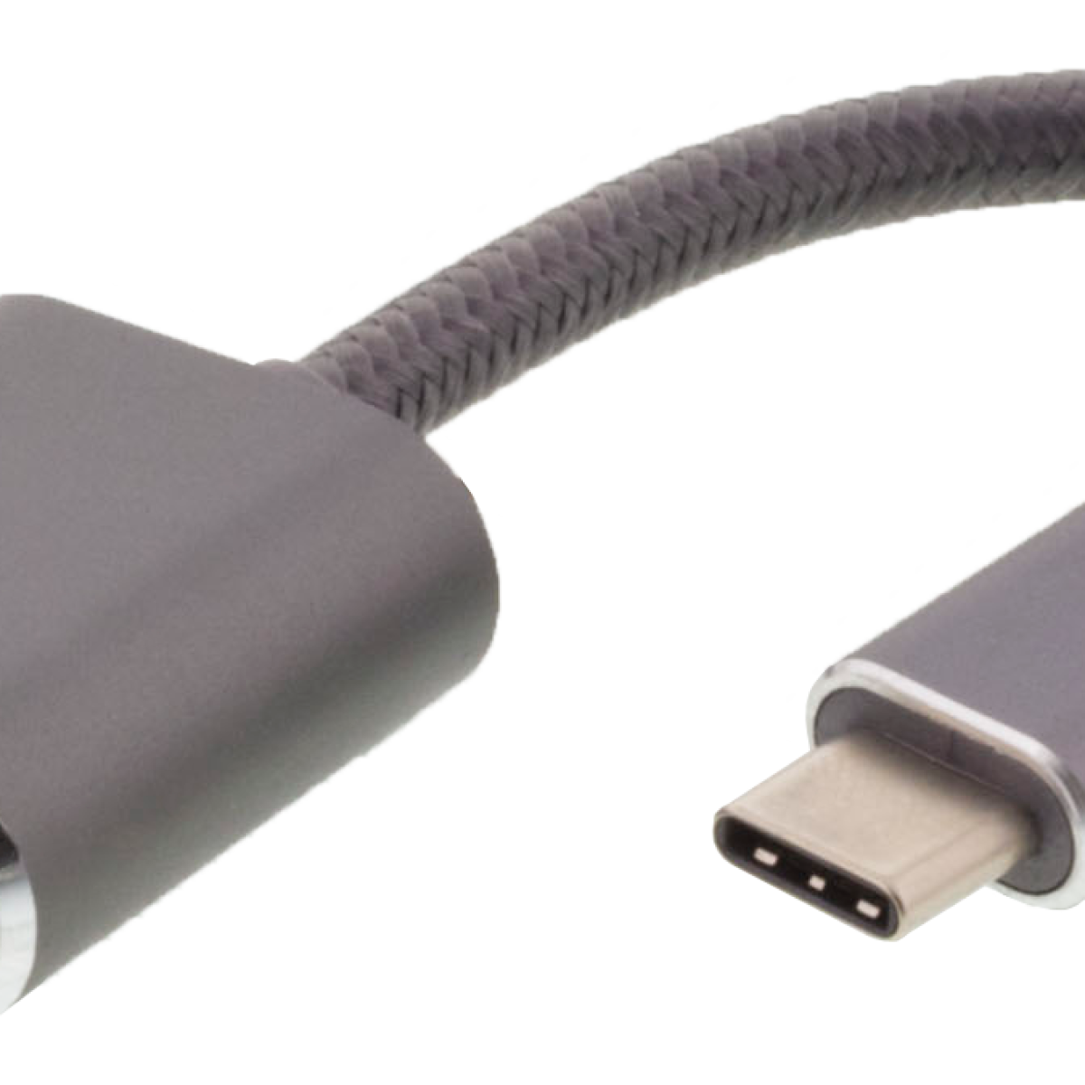 USB-C-Kabel. Es hat ein graues geflochtenes Kabel und USB-C-Anschlüsse an beiden Enden.