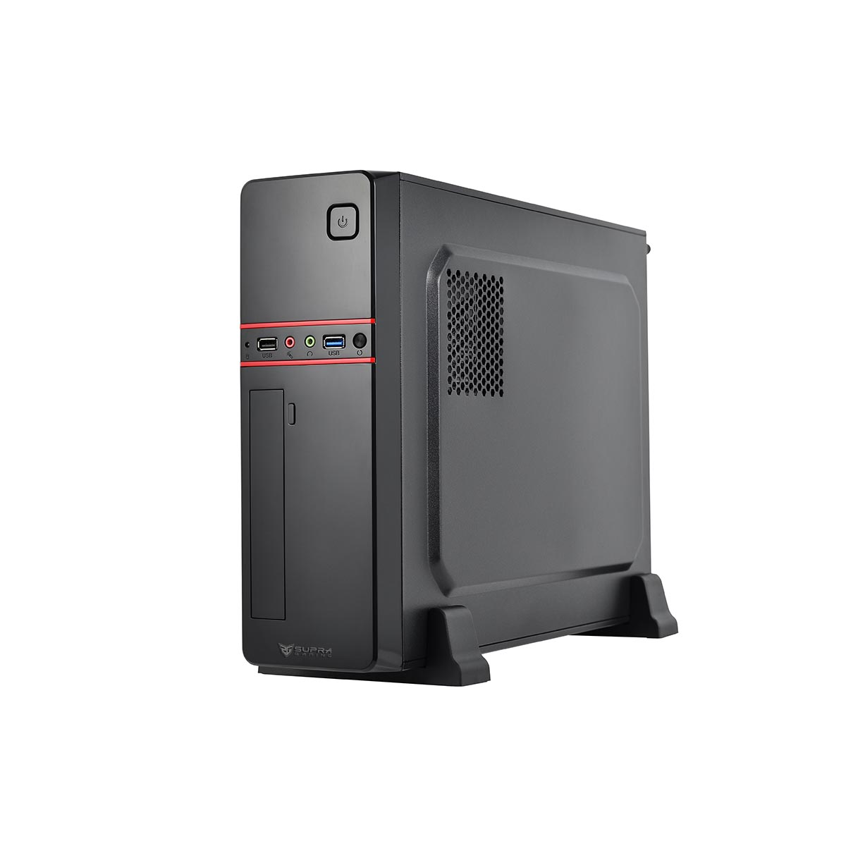 Caja de ordenador negra con detalles rojos, vista en ángulo. Diseño simple, puertos visibles.