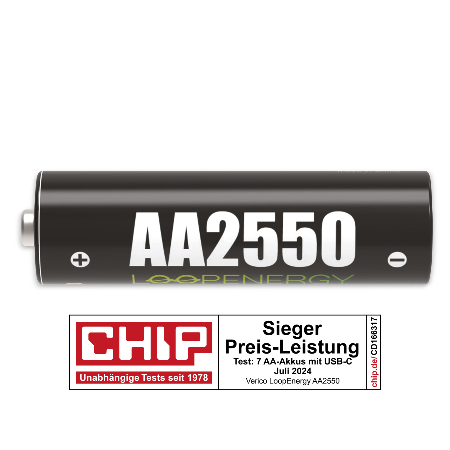 Eine schwarze AA-Batterie mit weißem Text und einem weiß-rot-schwarzen Etikett. Das Etikett lautet 'chip'.