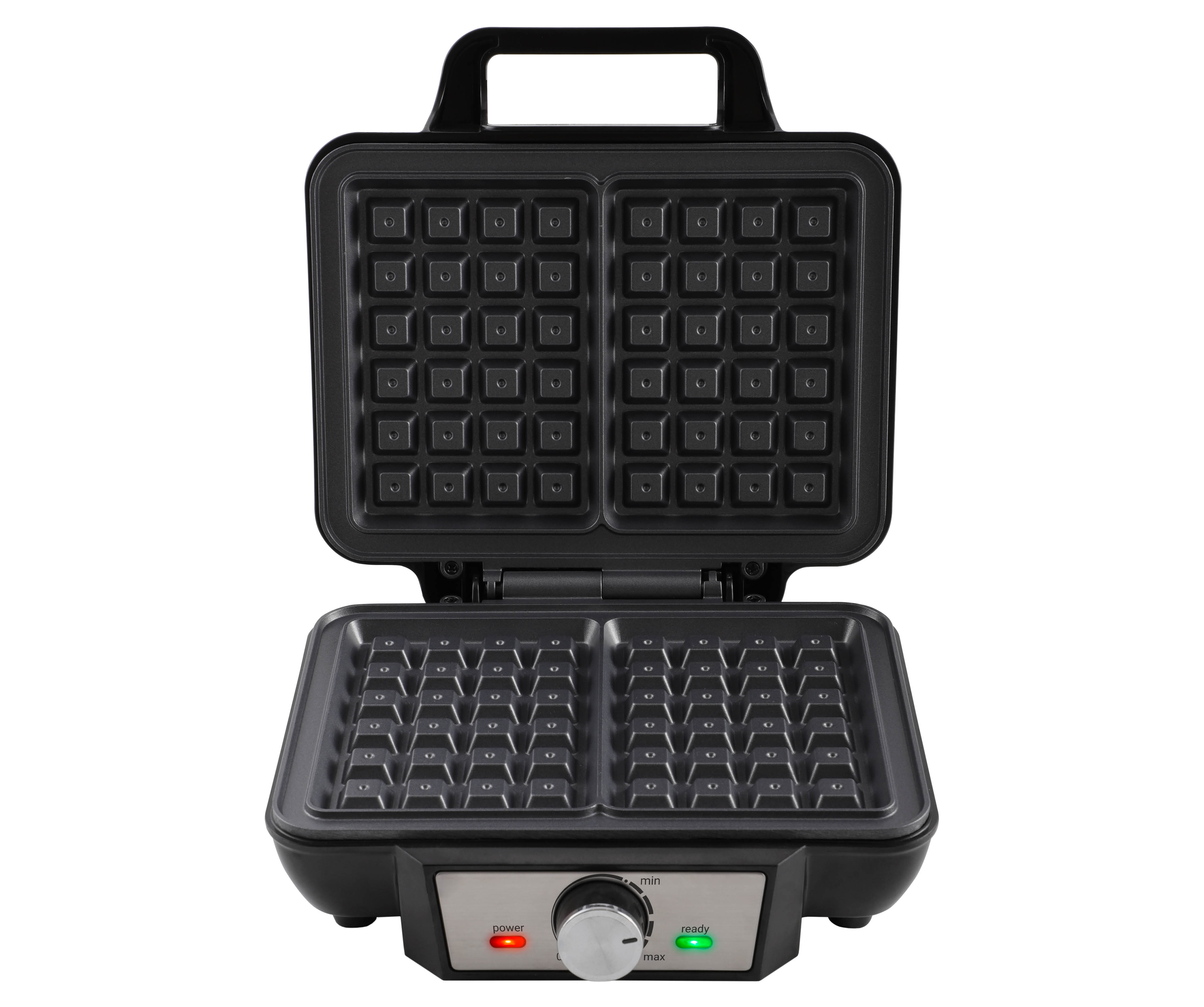 Open black waffle maker with two cooking surfaces, power and ready light.