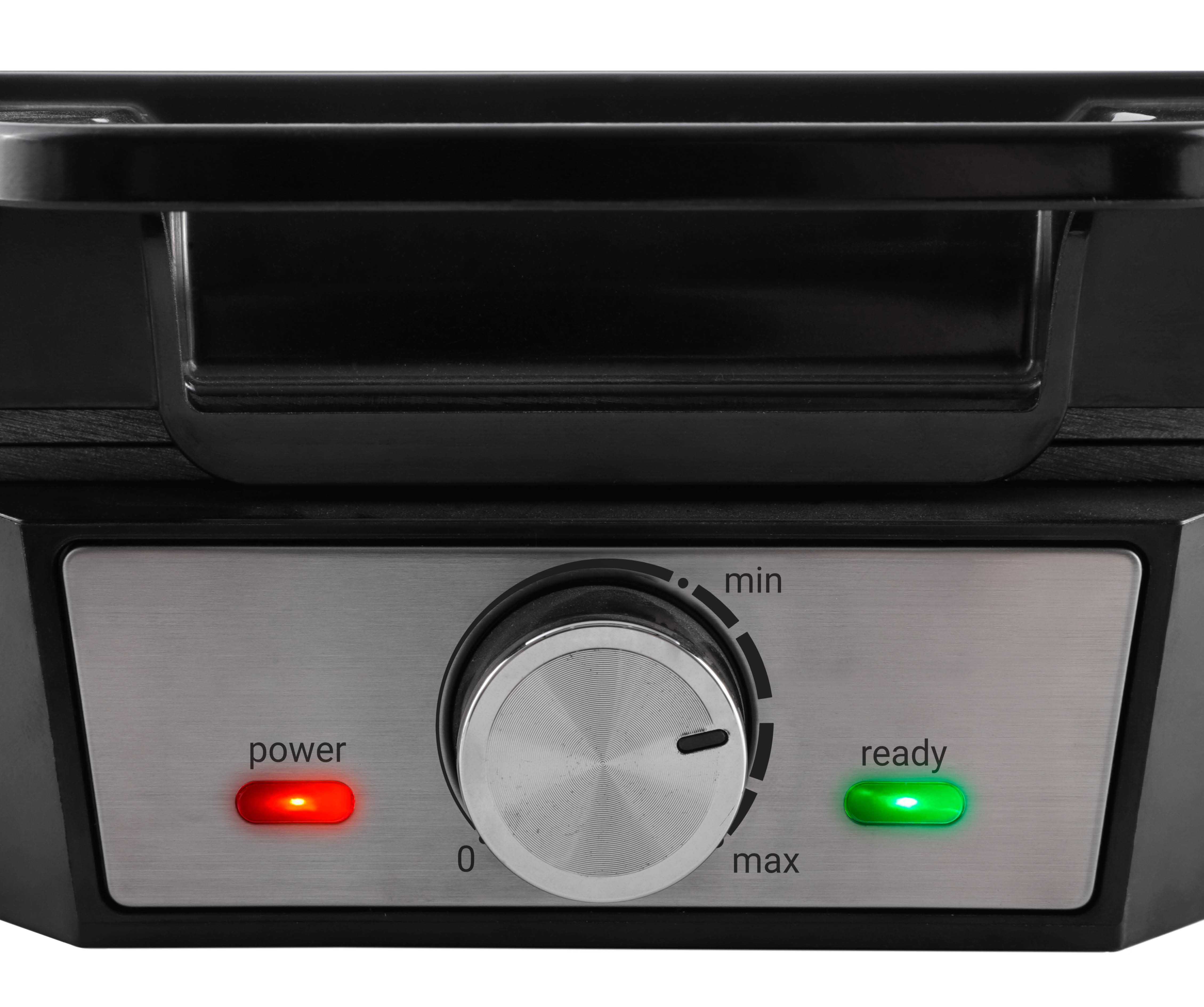 Close up of a black grill with power and ready lights. A dial is in the center.