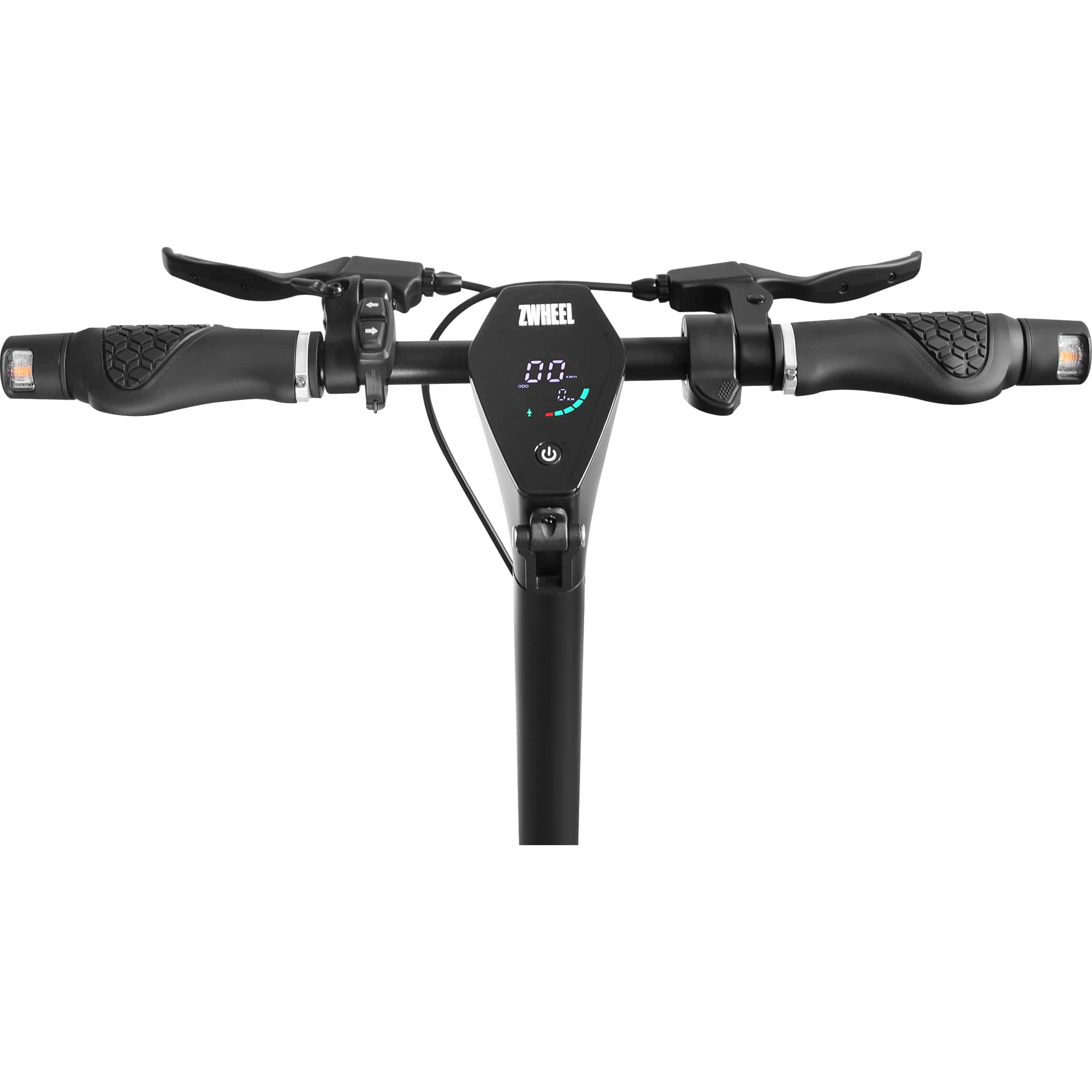 Manillar de un patinete eléctrico. Tiene empuñaduras, manetas de freno y una pantalla digital.