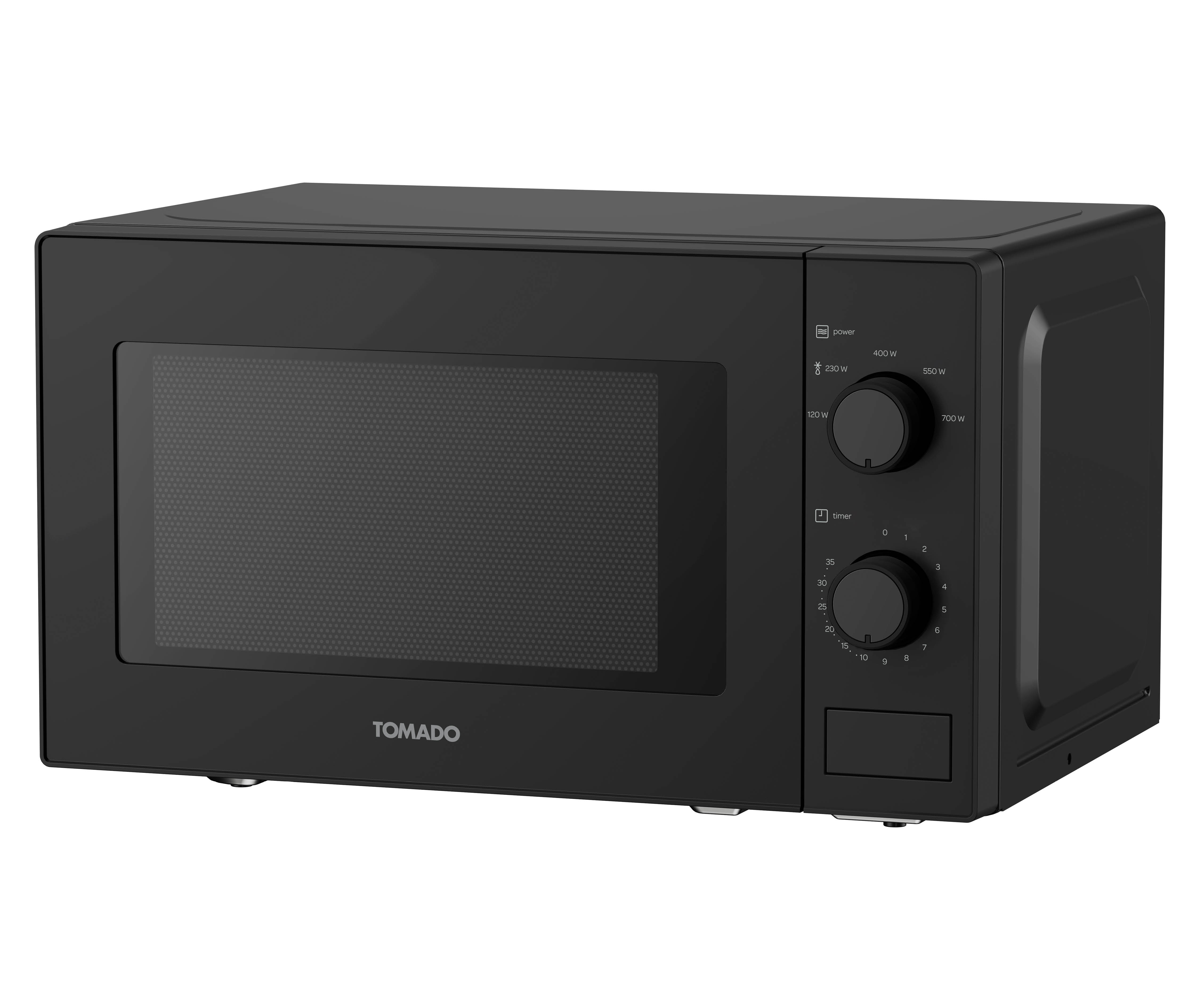 A black microwave oven with control dials and a glass door. The brand name 'TOMADO' is printed on the front.