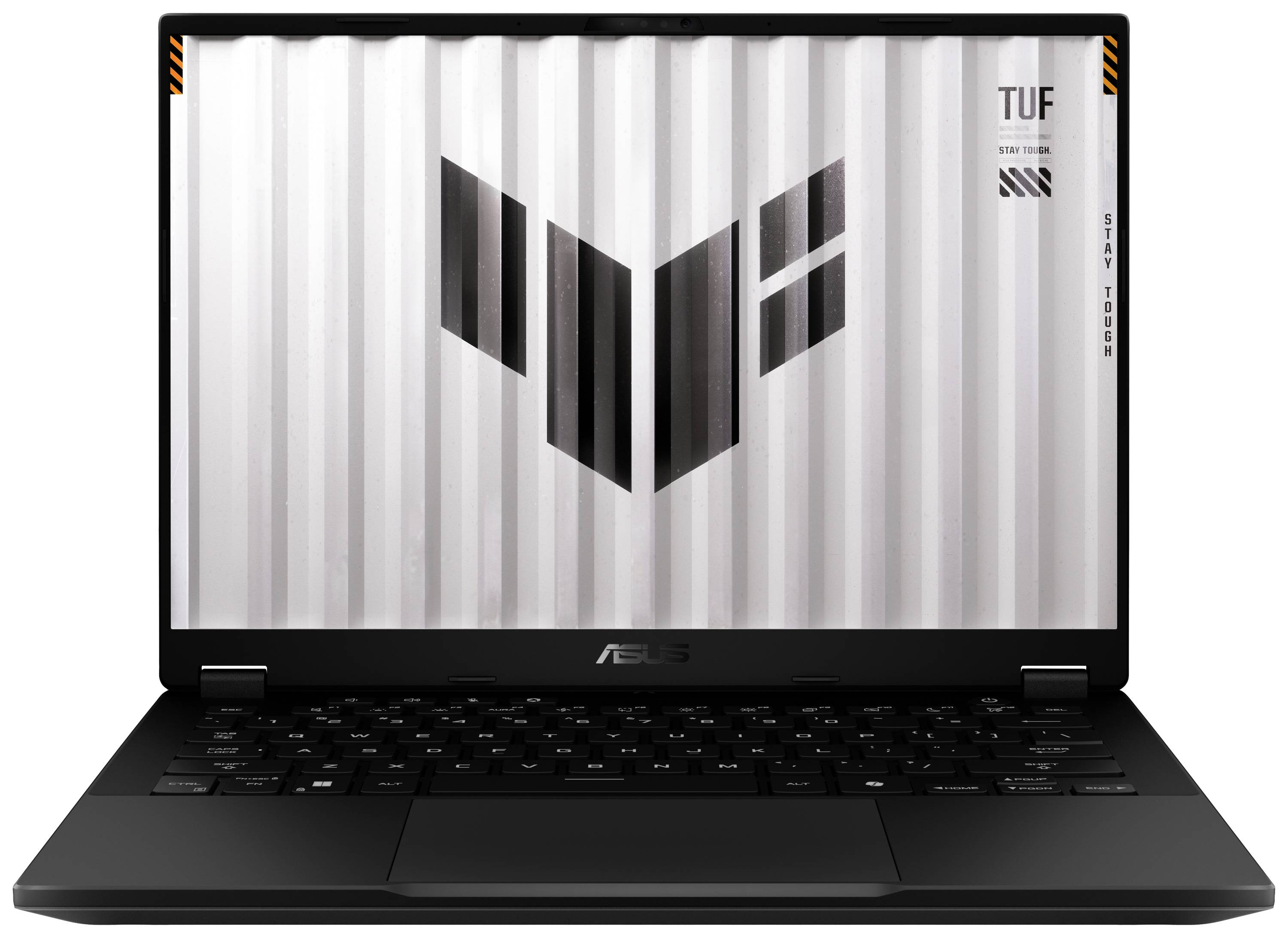 Un laptop nero visualizza uno sfondo bianco con un logo nero. Il laptop è aperto su una superficie bianca.