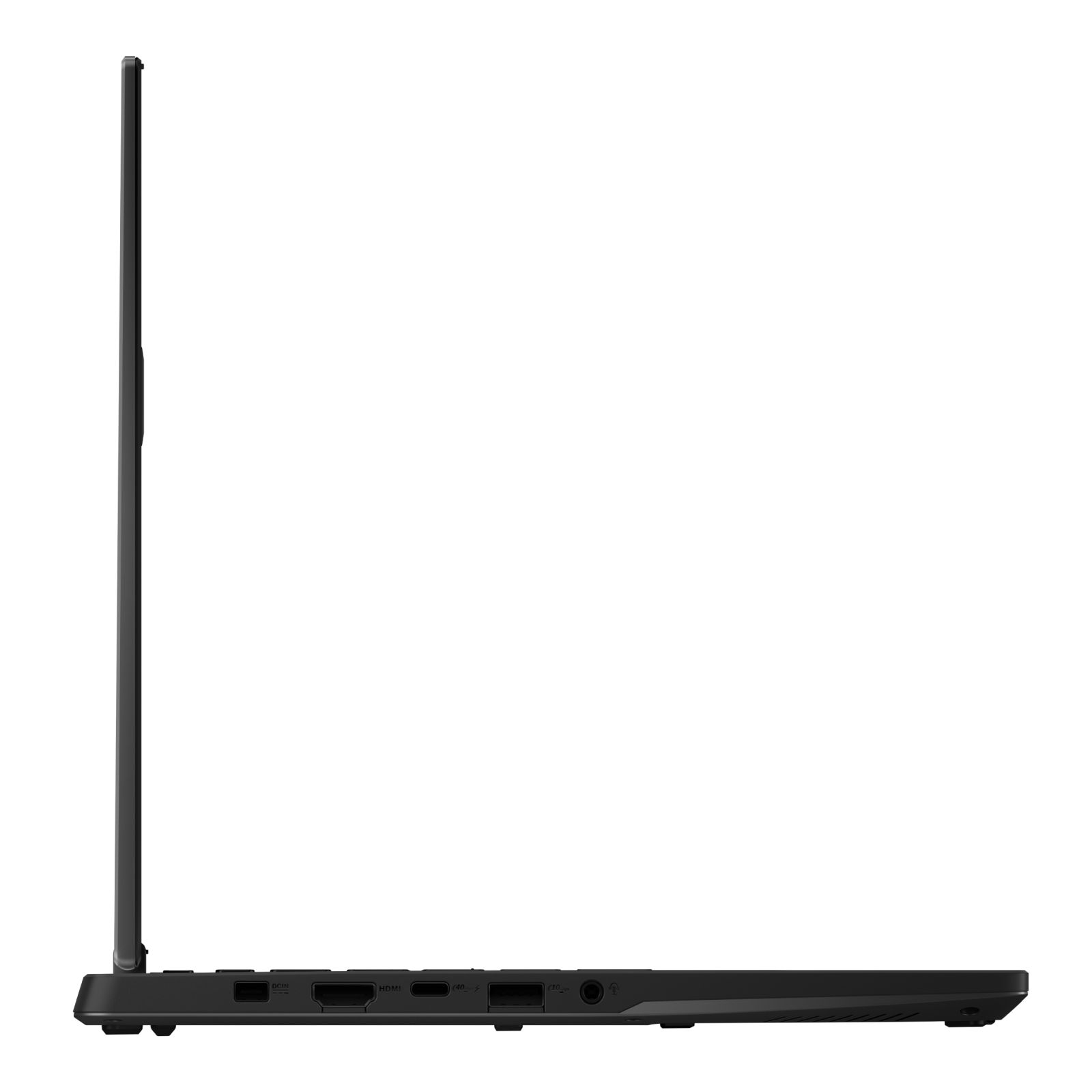 Vista laterale di un laptop nero con porte sul lato.