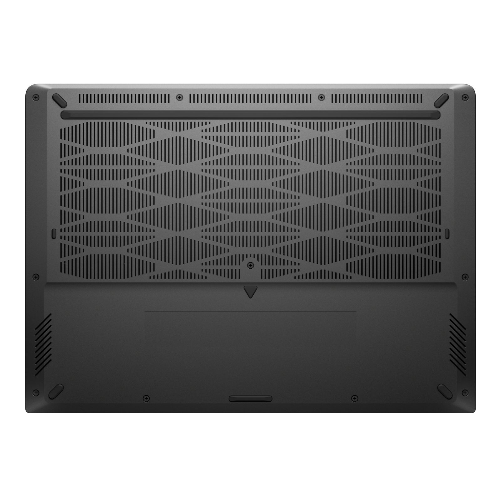 Base nera del laptop con griglie di ventilazione e porte. Il fondo di un laptop.
