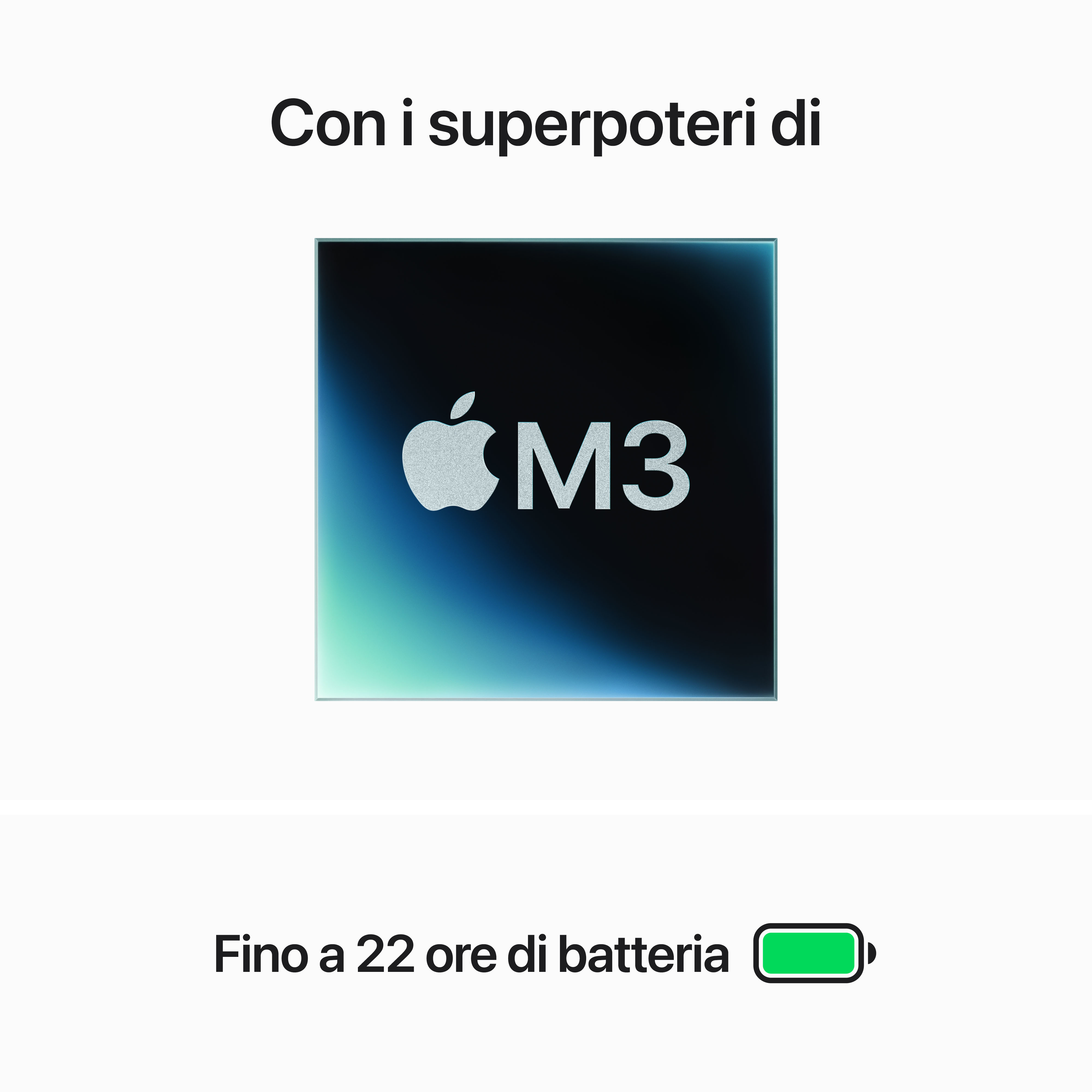 L'immagine presenta il chip M3, il logo Apple e testo sulla durata della batteria.