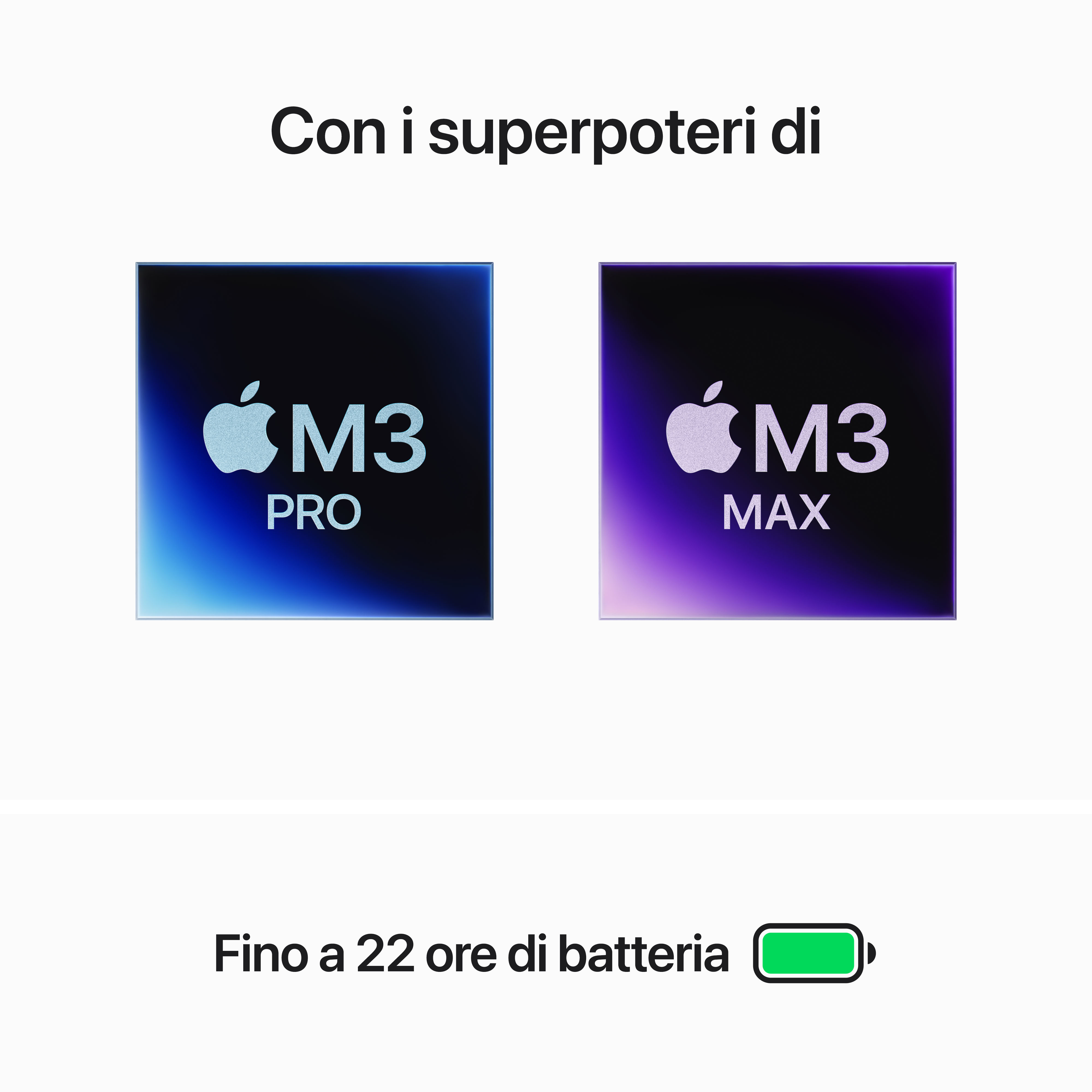 Dwa logo Apple z M3 Pro i M3 Max, a następnie ikona baterii z napisem: Do 22 godzin.