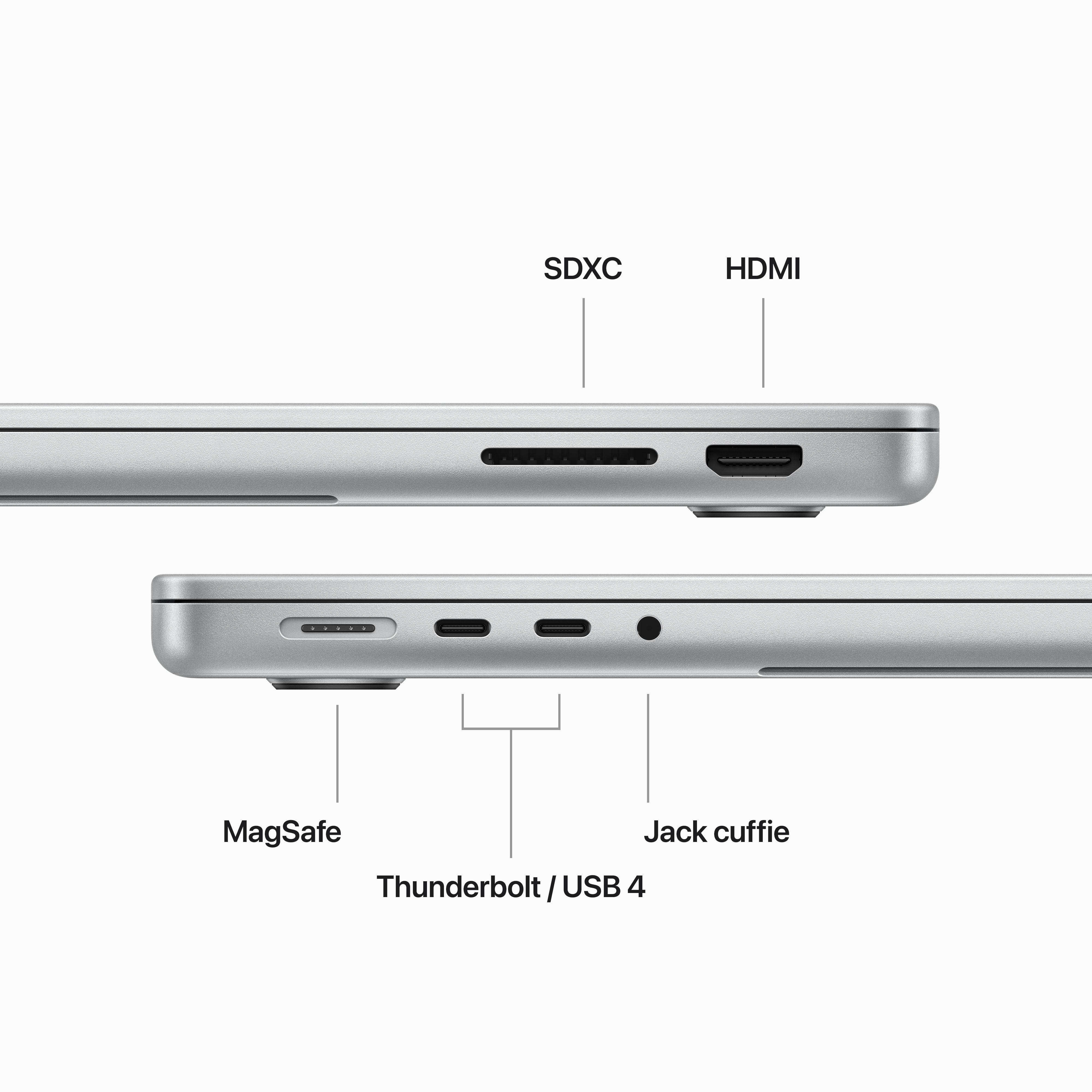 Vista laterale del laptop con porte SDXC, HDMI, MagSafe, Thunderbolt/USB 4 e jack cuffie.