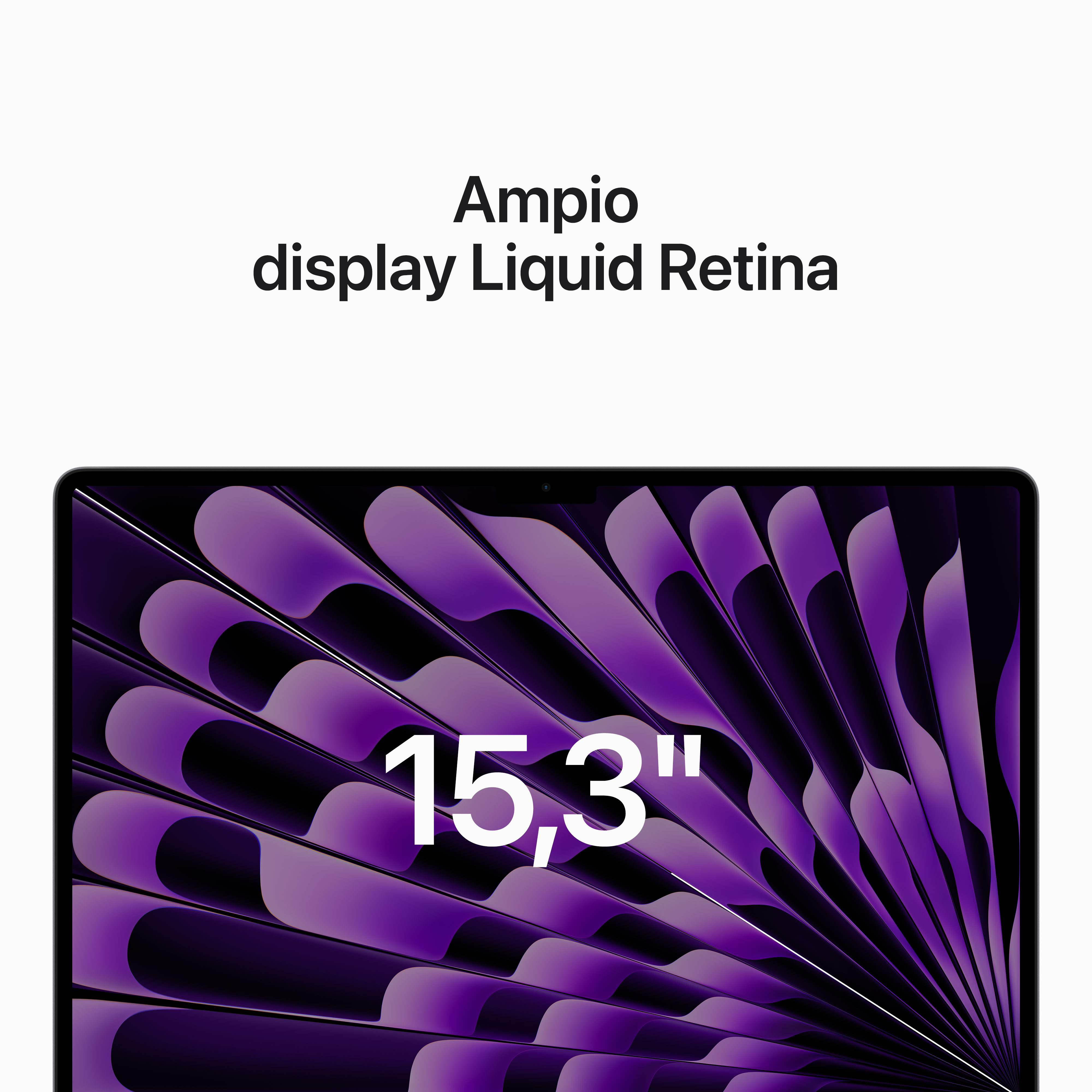 Uno schermo di un laptop che mostra una sfumatura viola, con il testo 'Ampio display Liquid Retina' e '15,3"' sullo schermo.