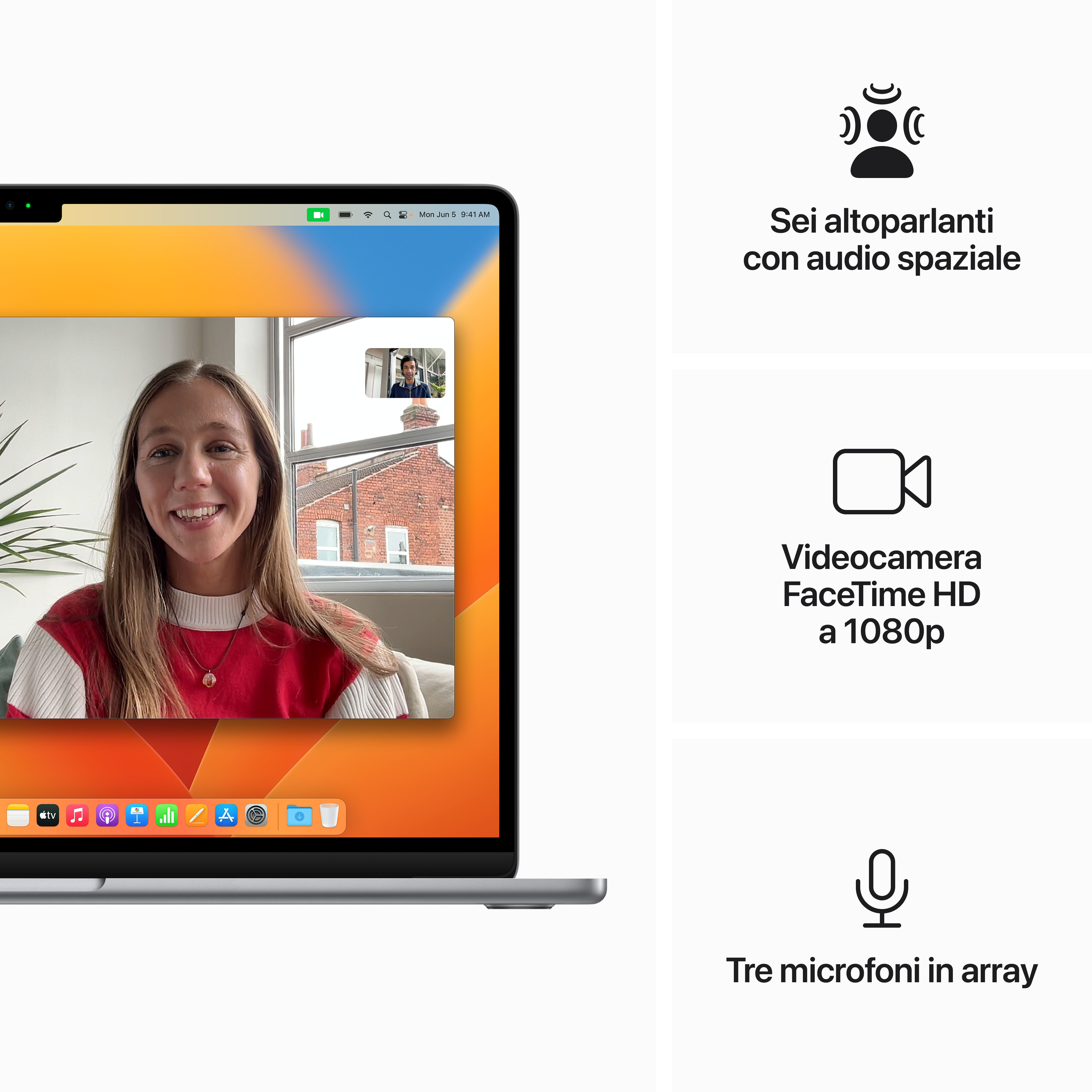Schermo del laptop con videochiamata e icone. Caselle di testo con icone e testo a destra.