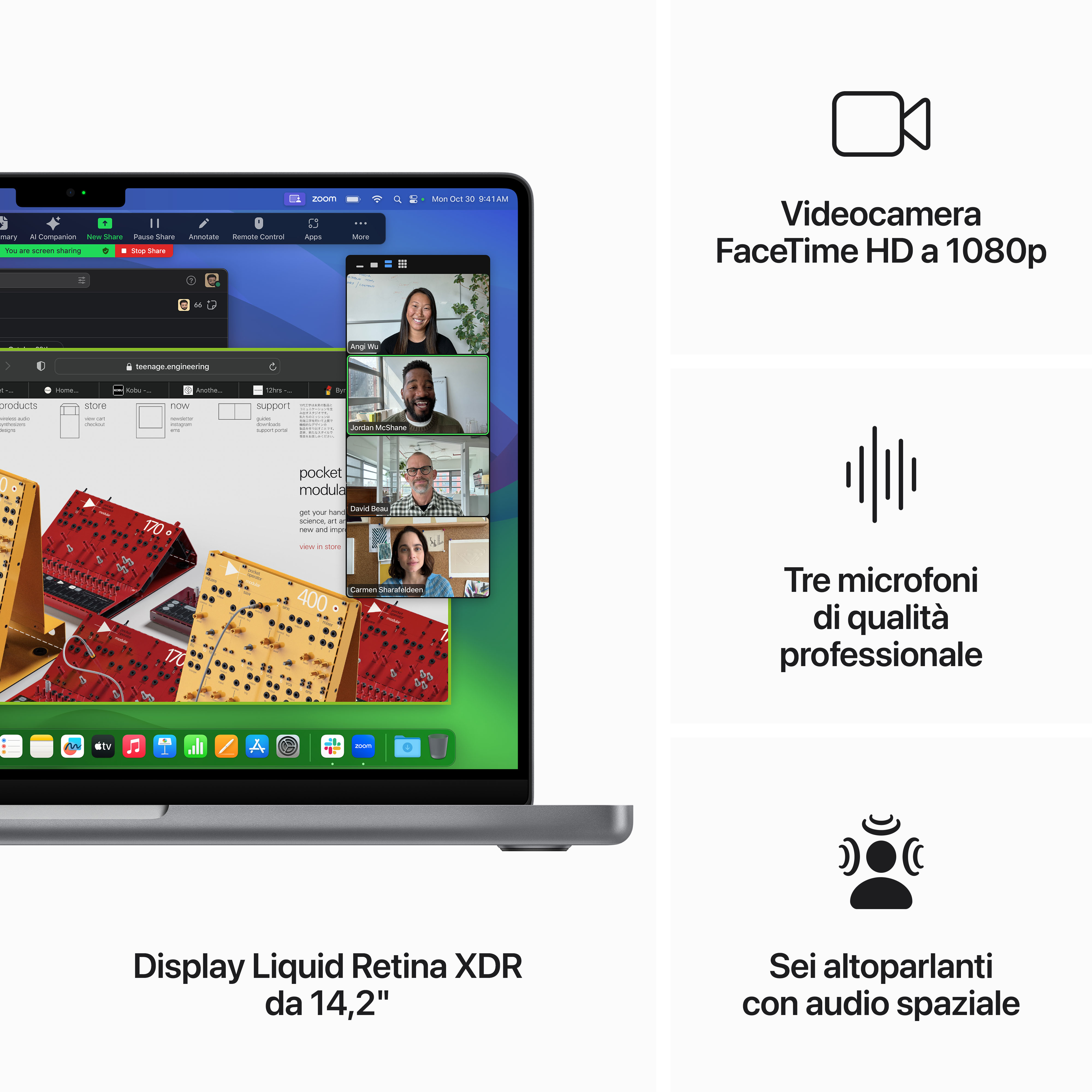 Schermo del laptop che mostra una videochiamata con più partecipanti e specifiche tecniche.