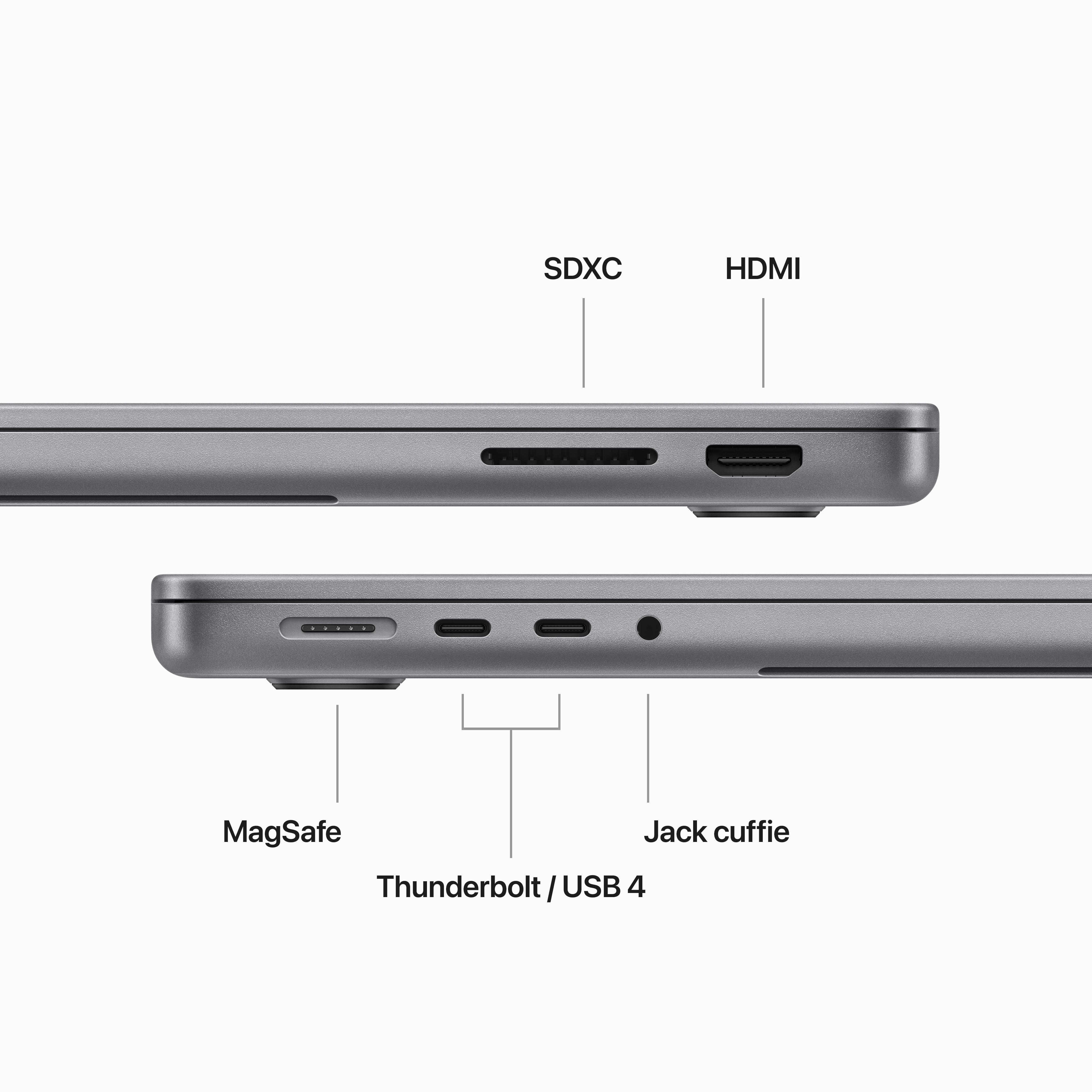 Primo piano delle porte del laptop: SDXC, HDMI, MagSafe, Thunderbolt e jack per cuffie.