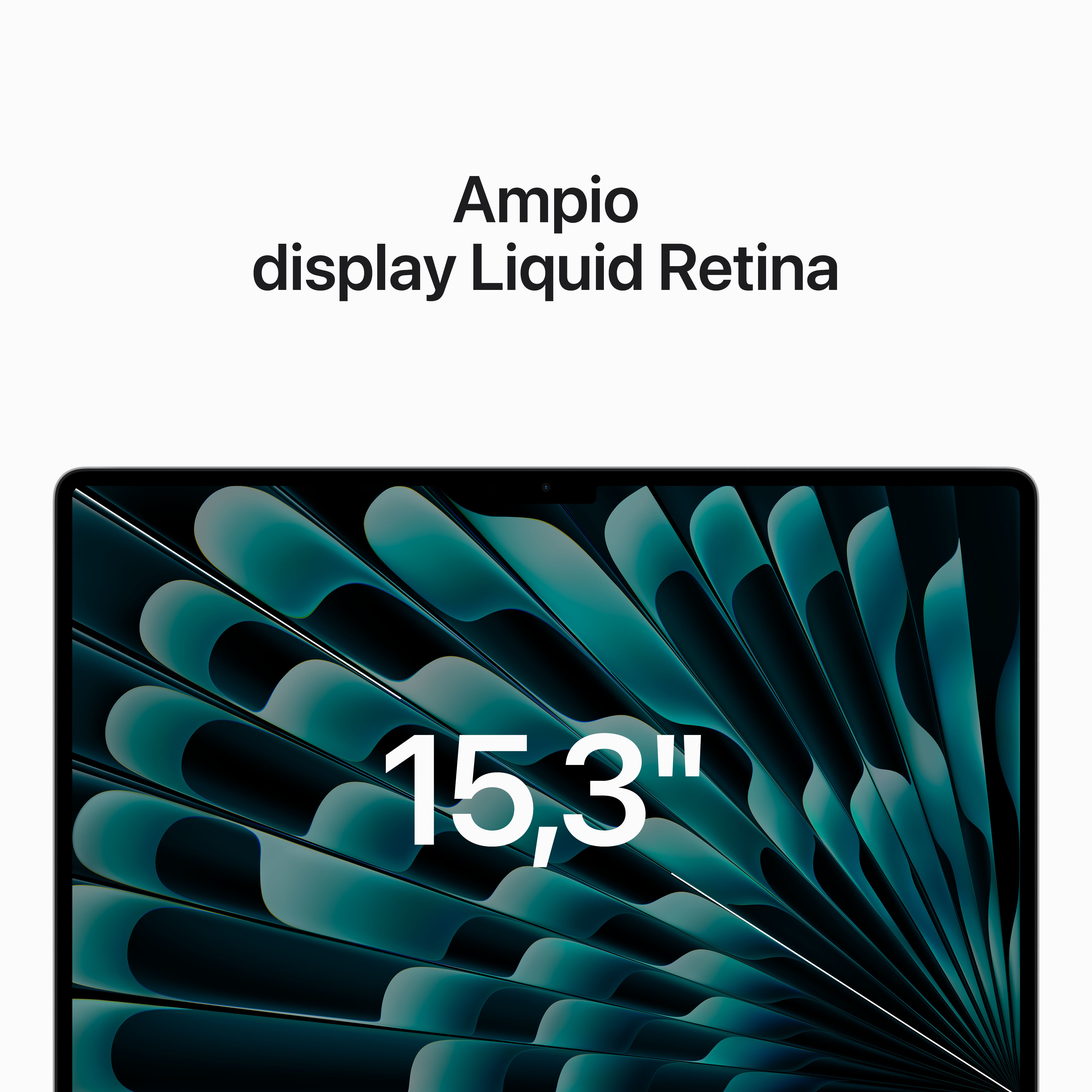 Primo piano dello schermo di un laptop con testo 'Ampi display Liquid Retina' e '15,3"'.