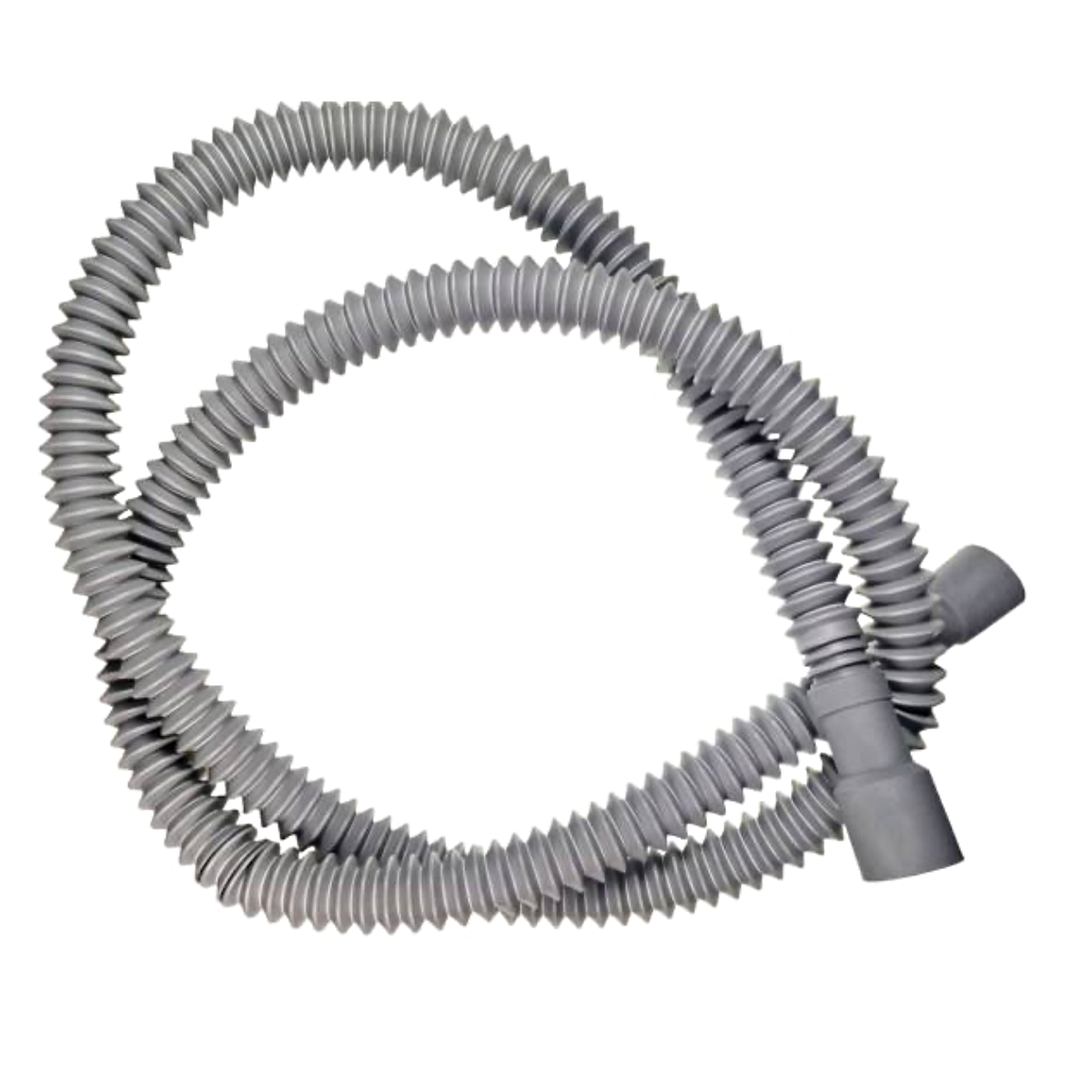 Una manguera corrugada gris, flexible, probablemente para un dispositivo médico o de limpieza.