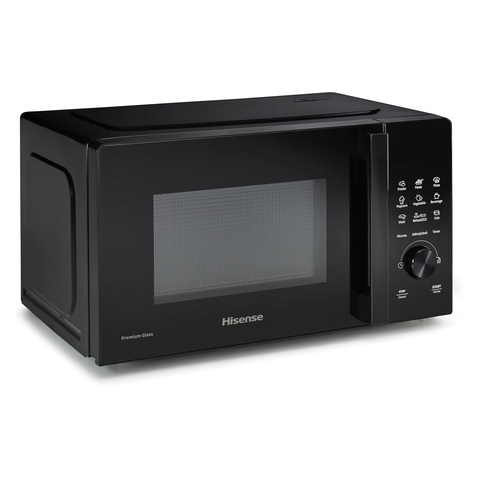 Microondas negro con puerta de vidrio, panel de control y nombre de la marca Hisense.