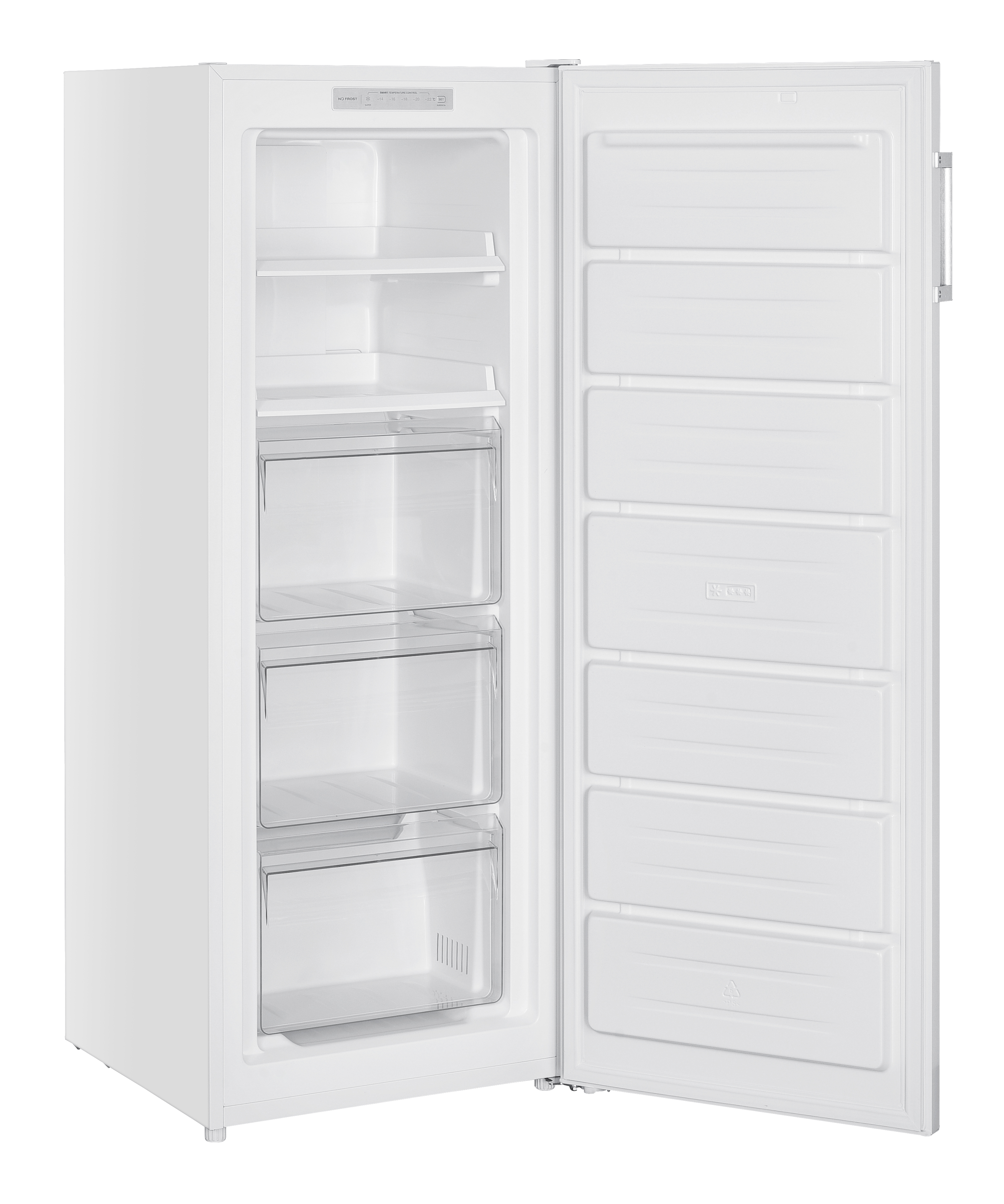 Witte koelkast met open deur. Interne planken en laden zijn zichtbaar. Witte achtergrond.
