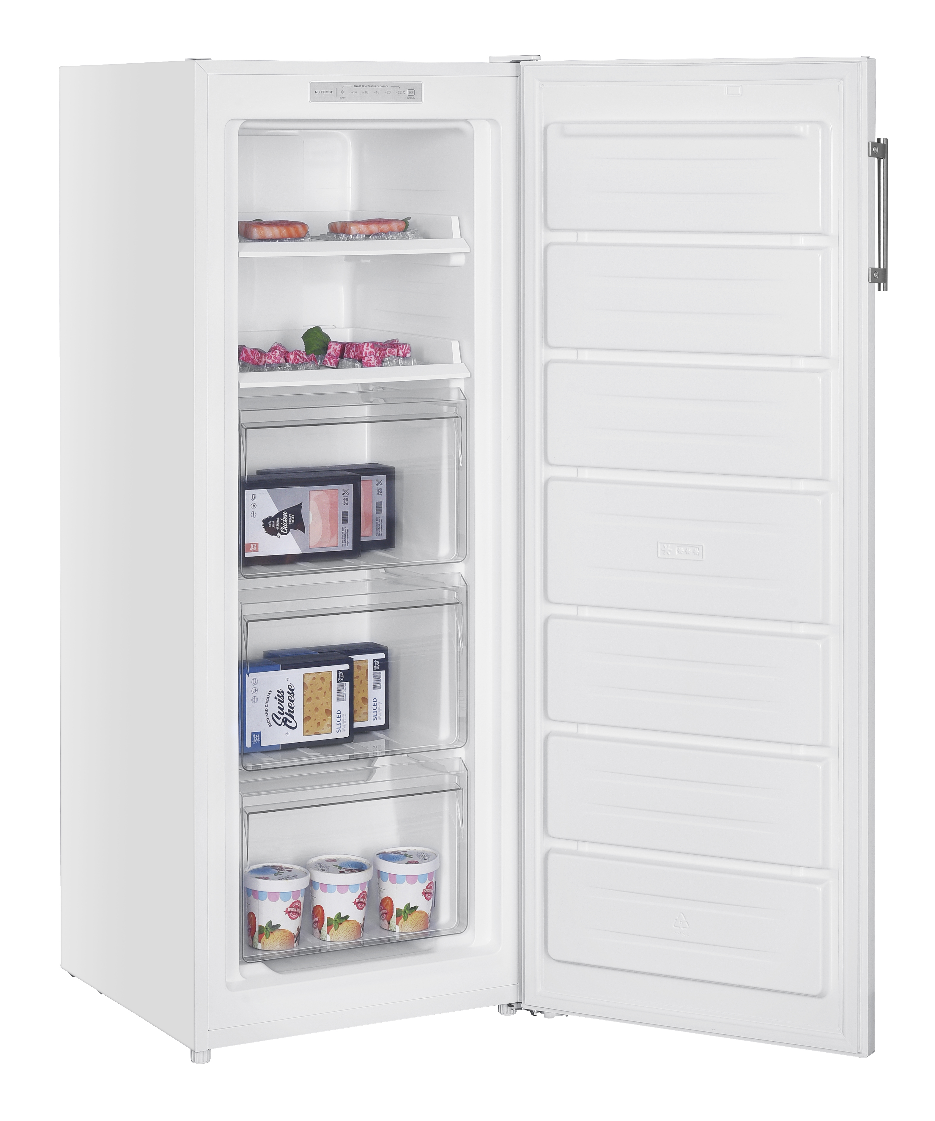 Een witte koelkast met de deur open, met schappen met voedsel.