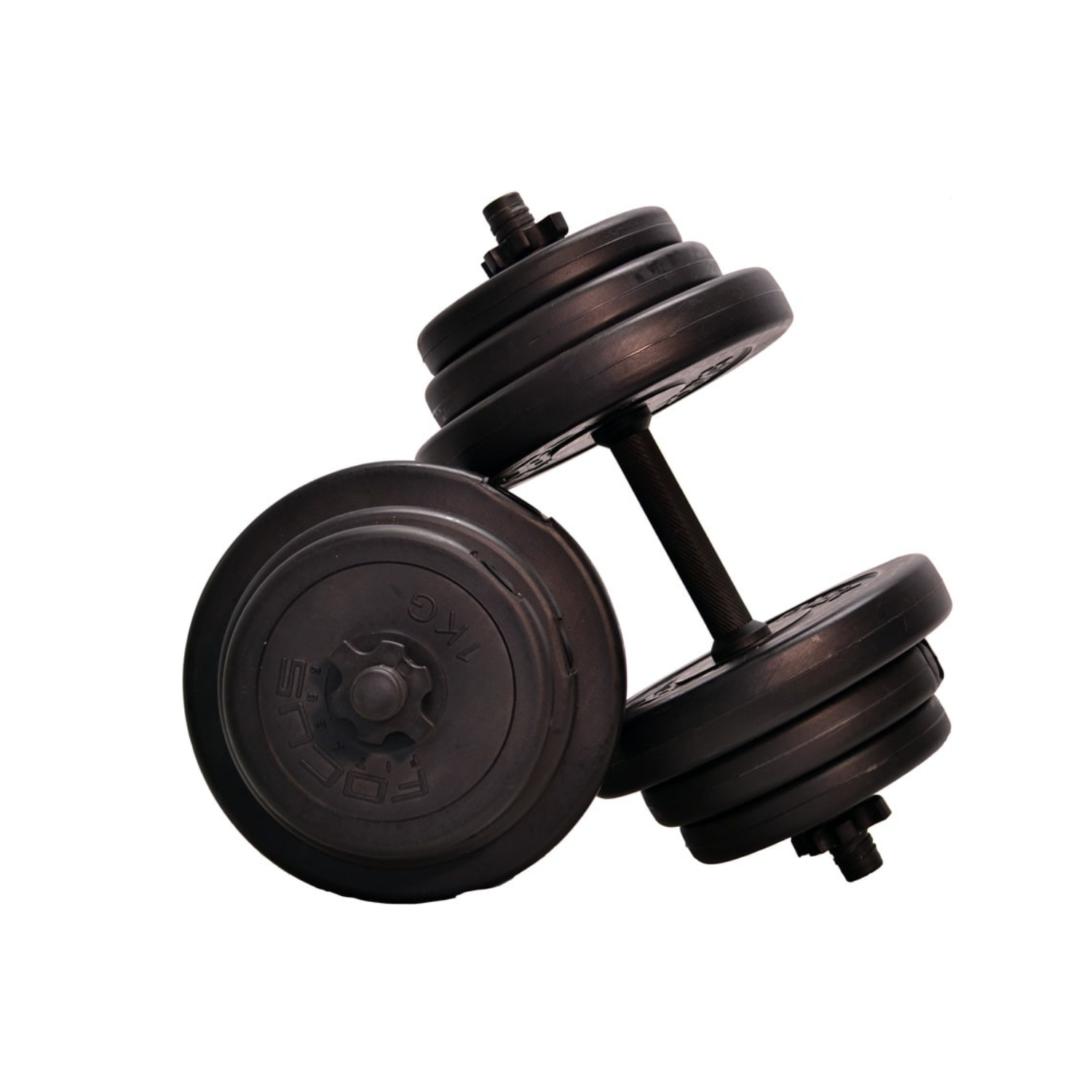 Two black dumbbells with weights, isolated on a white background.