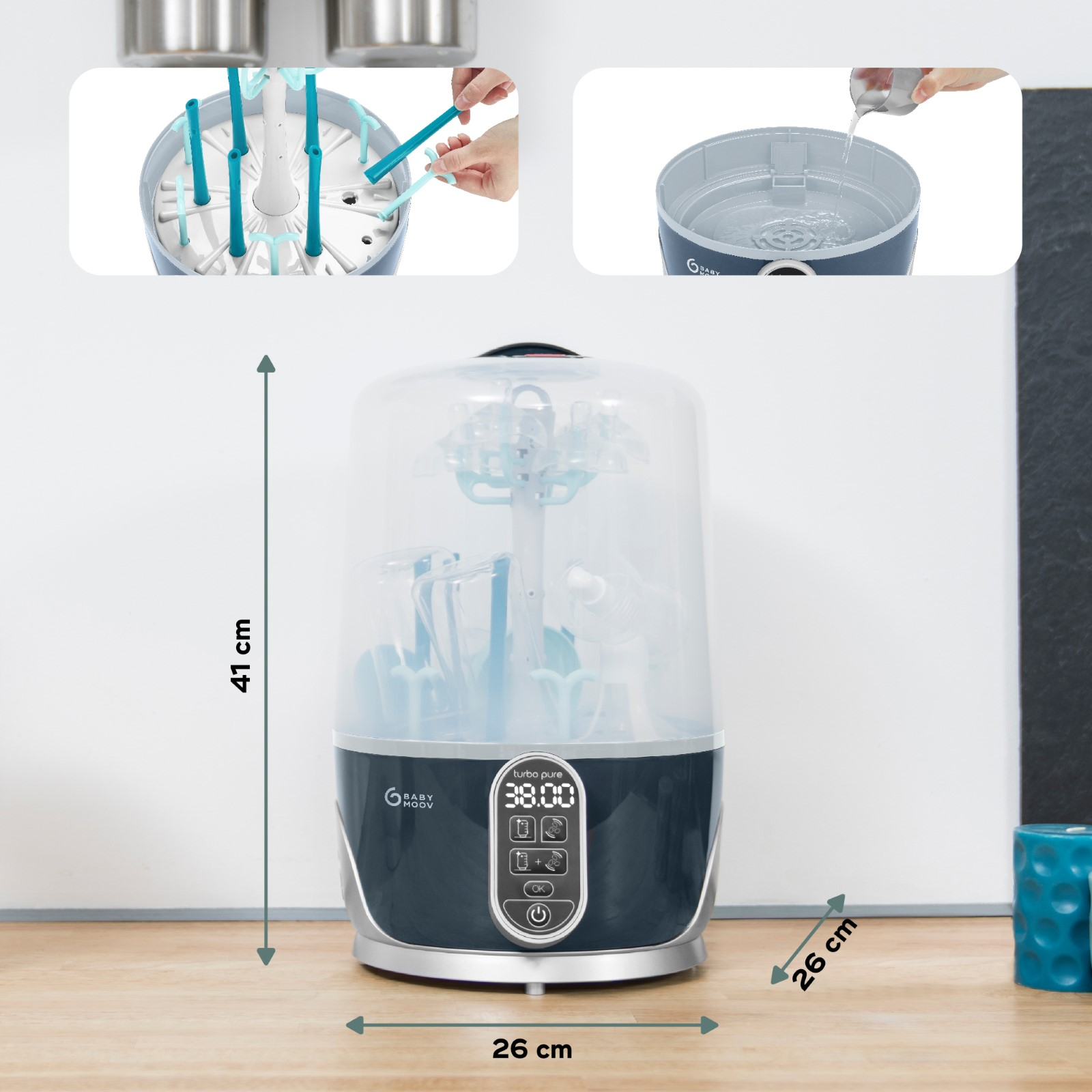 Ein Babyflaschensterilisator mit Digitalanzeige, Flaschen und einem Maßetikett.
