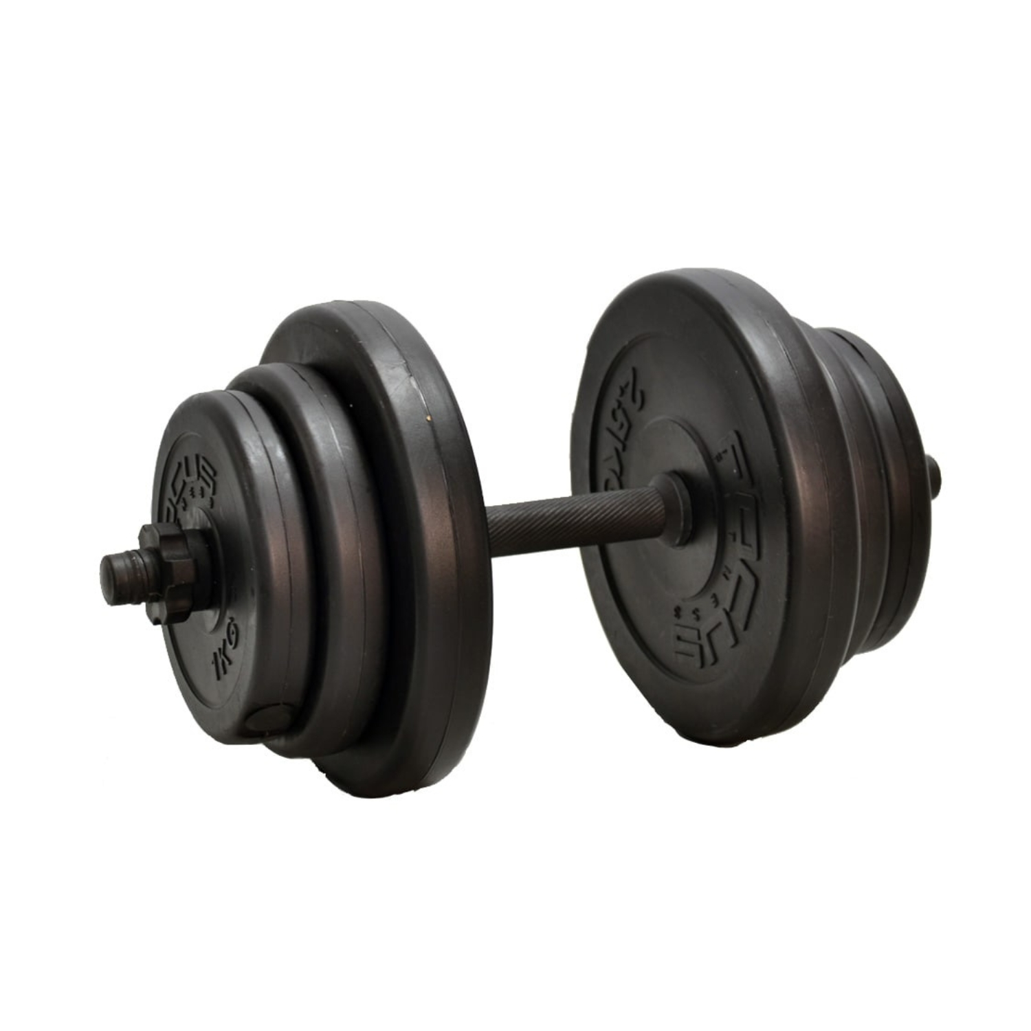 Black dumbbell with three plates on each side. White background. The plates have weight markings.