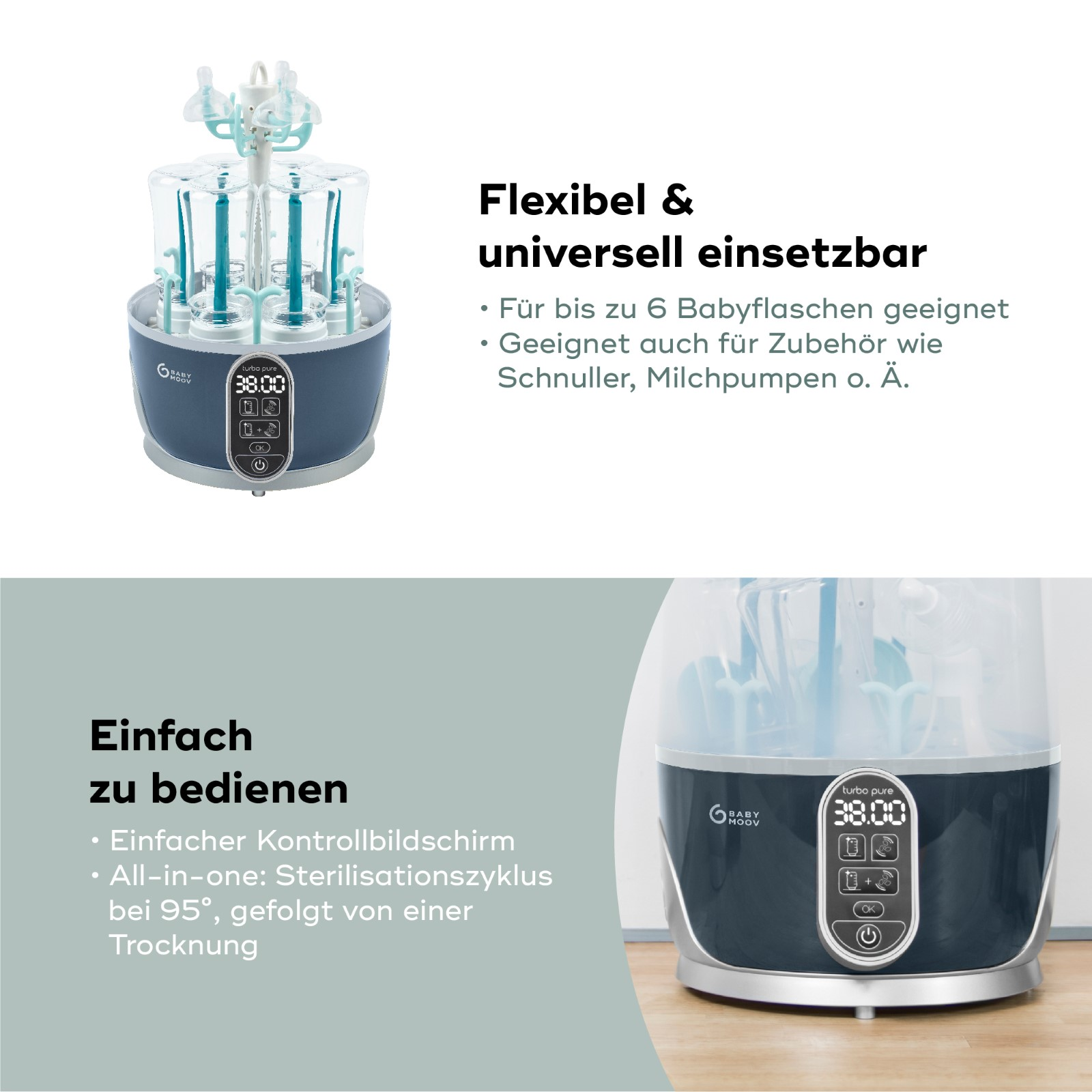 Ein Babyflaschensterilisator mit Text darauf.