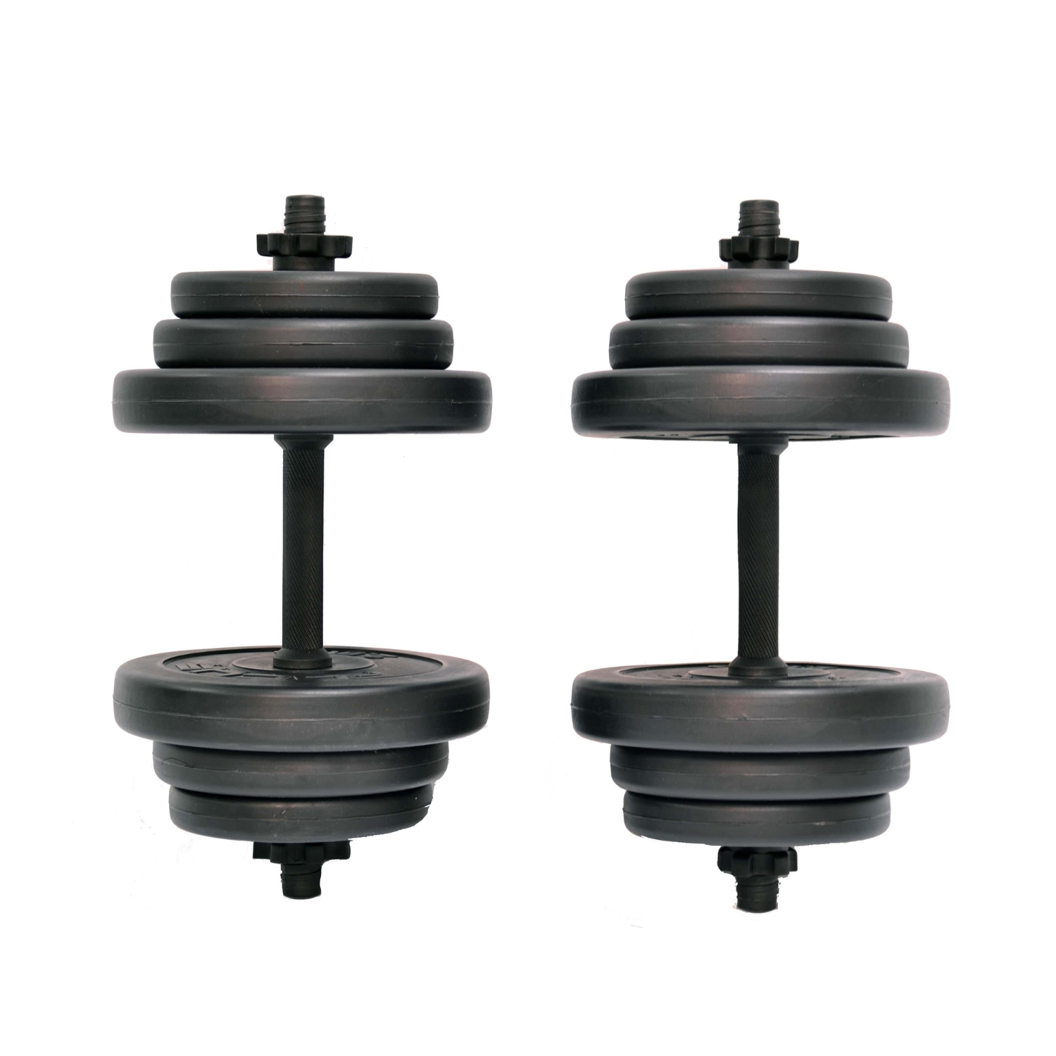 Two dumbbells on a white background. They are black.