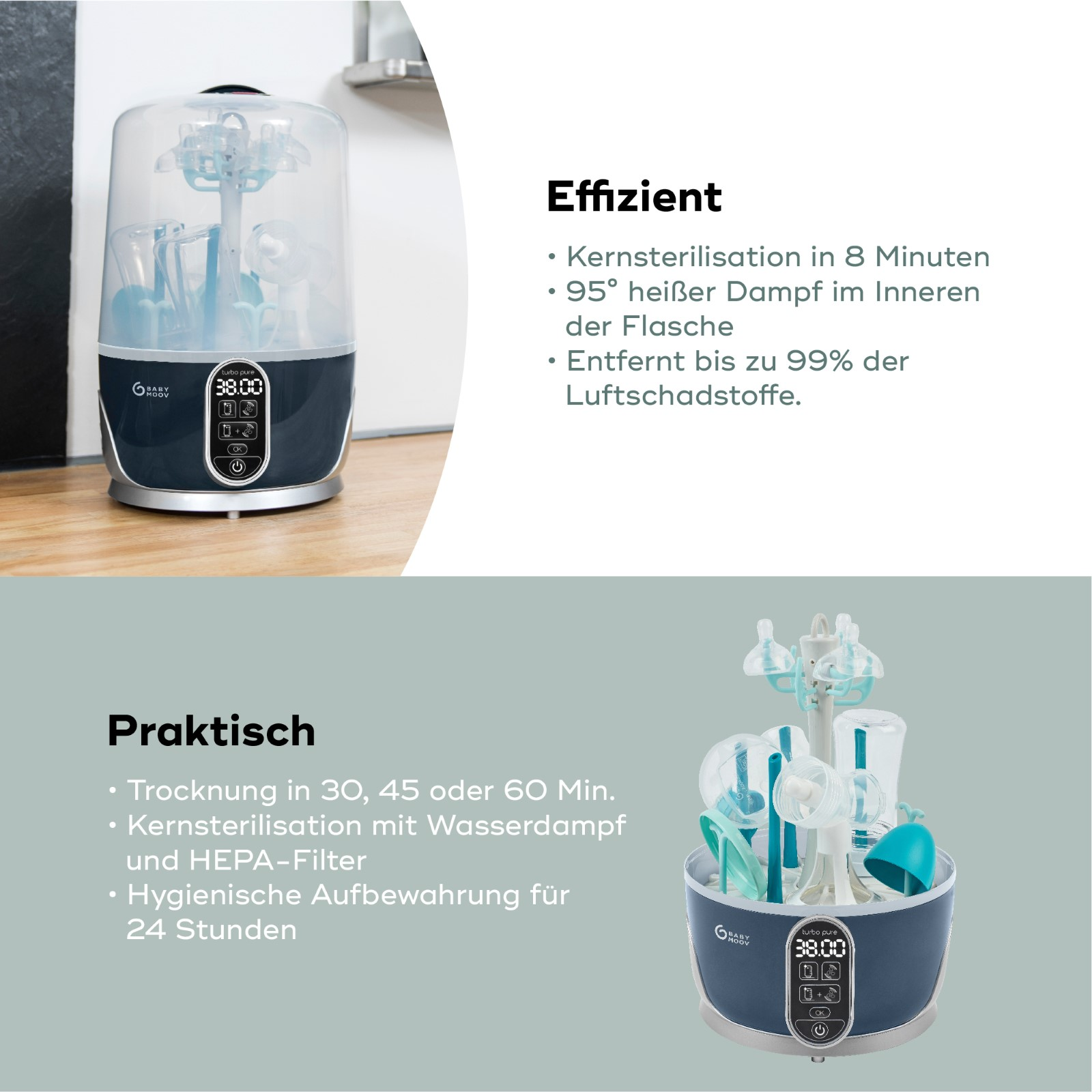 Ein Babyflaschensterilisator mit Digitalanzeige und Text auf der Seite. Das Bild hat auch Text.