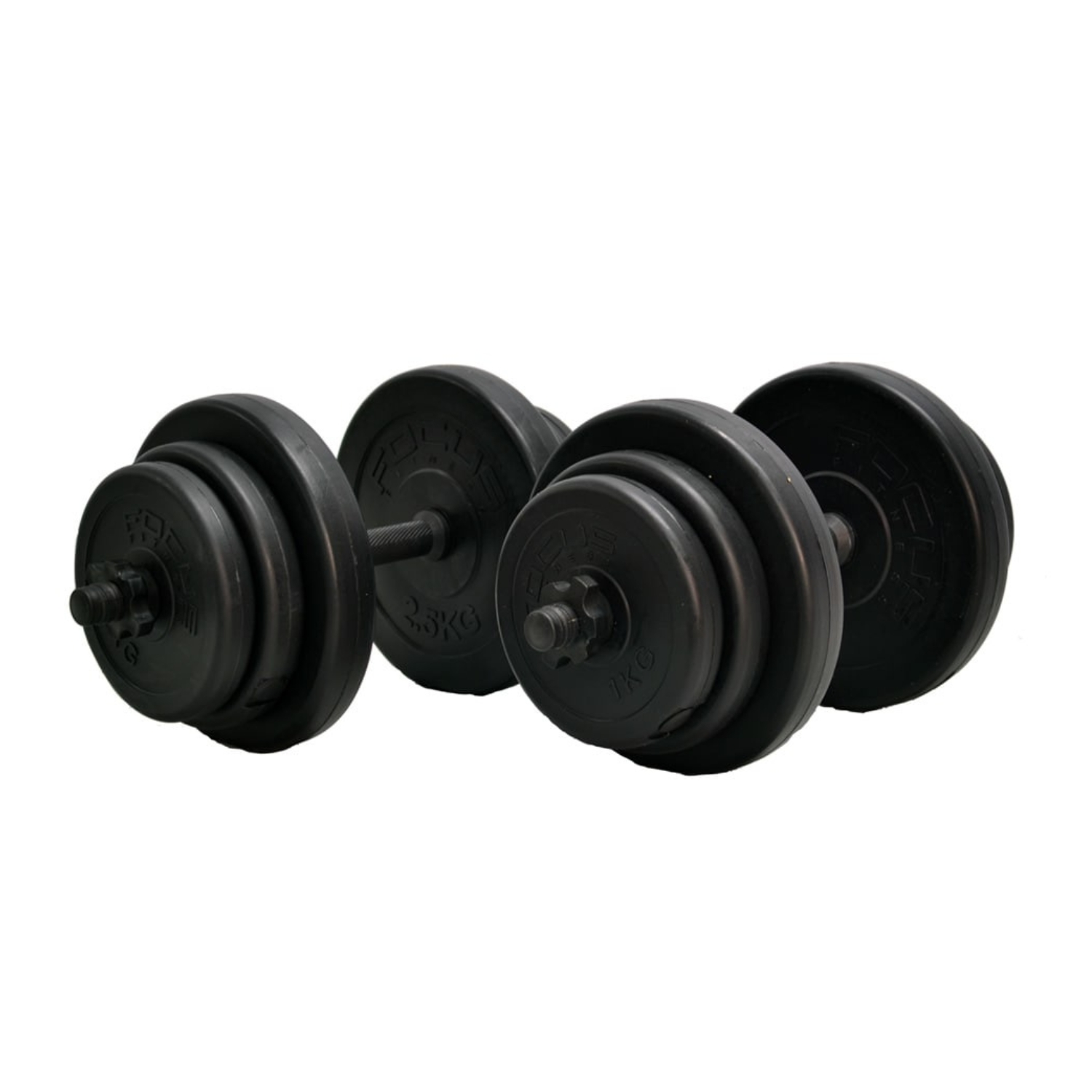 Two black dumbbells with weights. The weights are stacked.