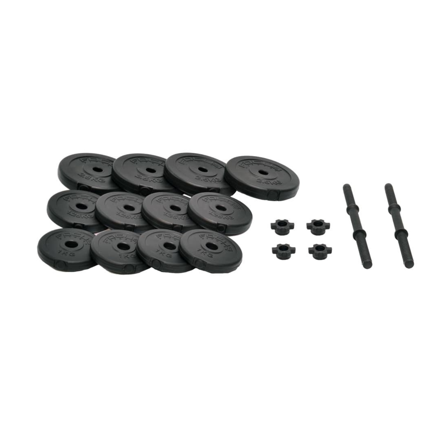 Black weights and two bars. Weights are round with black color.