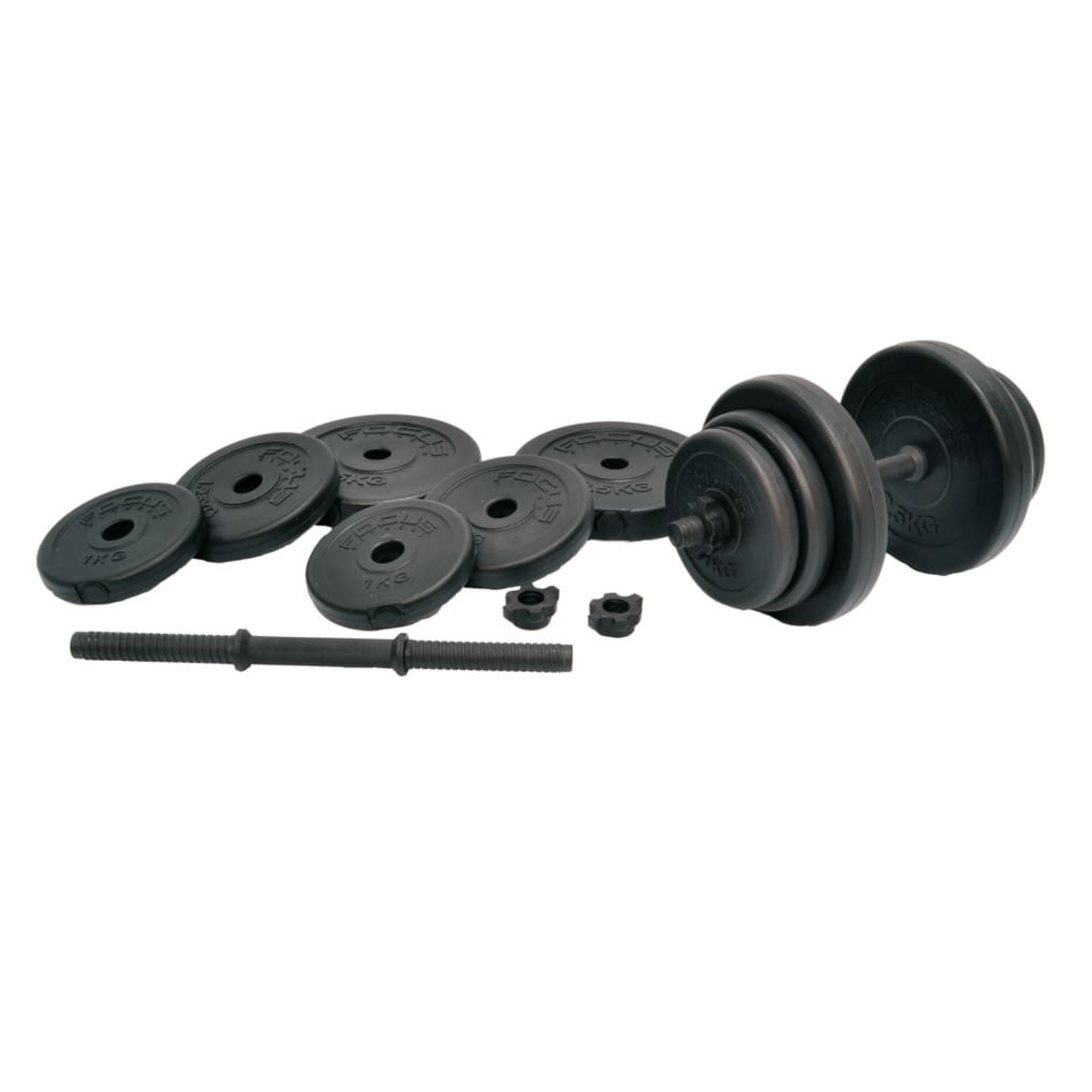 Dumbbells and weight plates, with dumbbell bars and fasteners, on a white background.