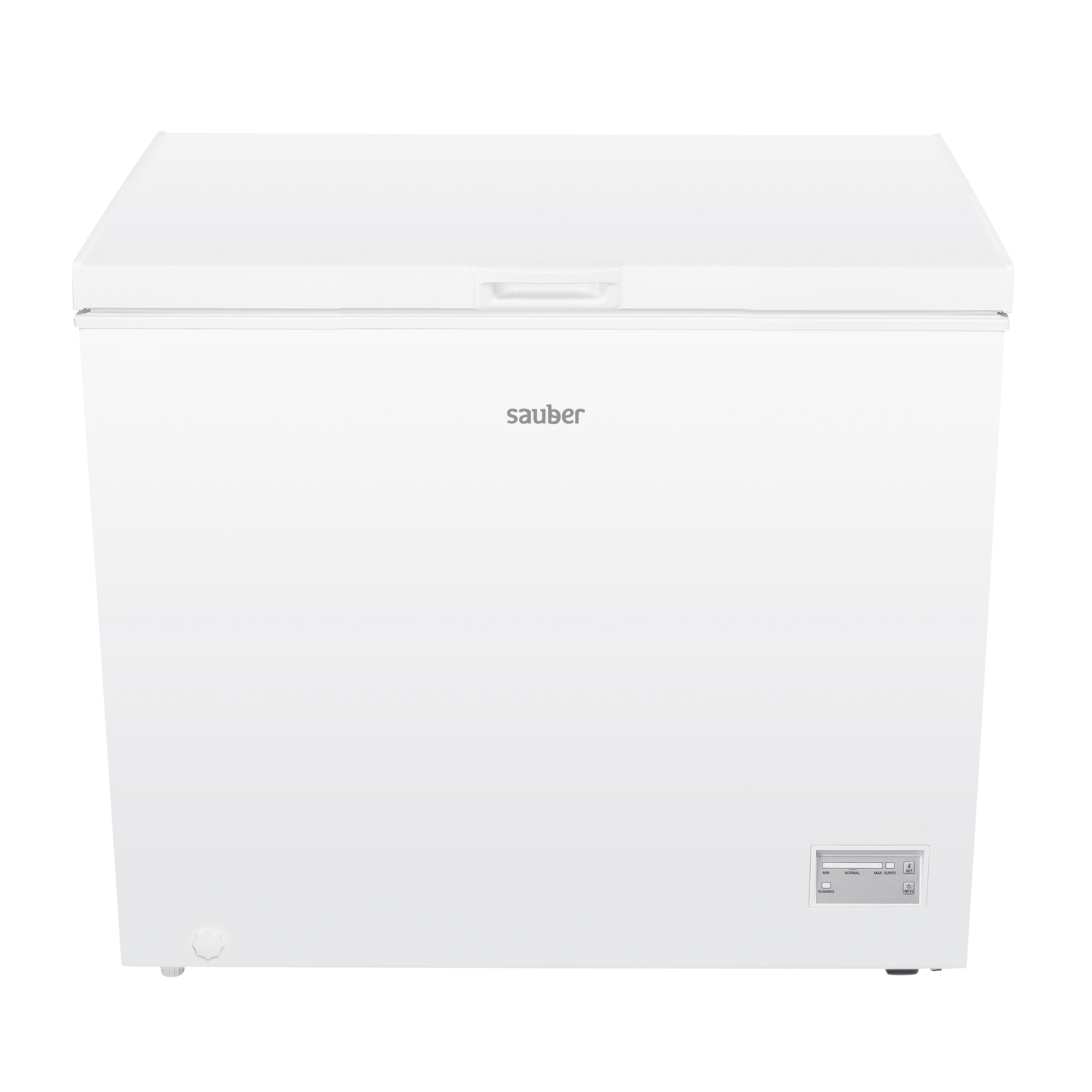 Congelador horizontal blanco con la marca 'sauber' en el frente.