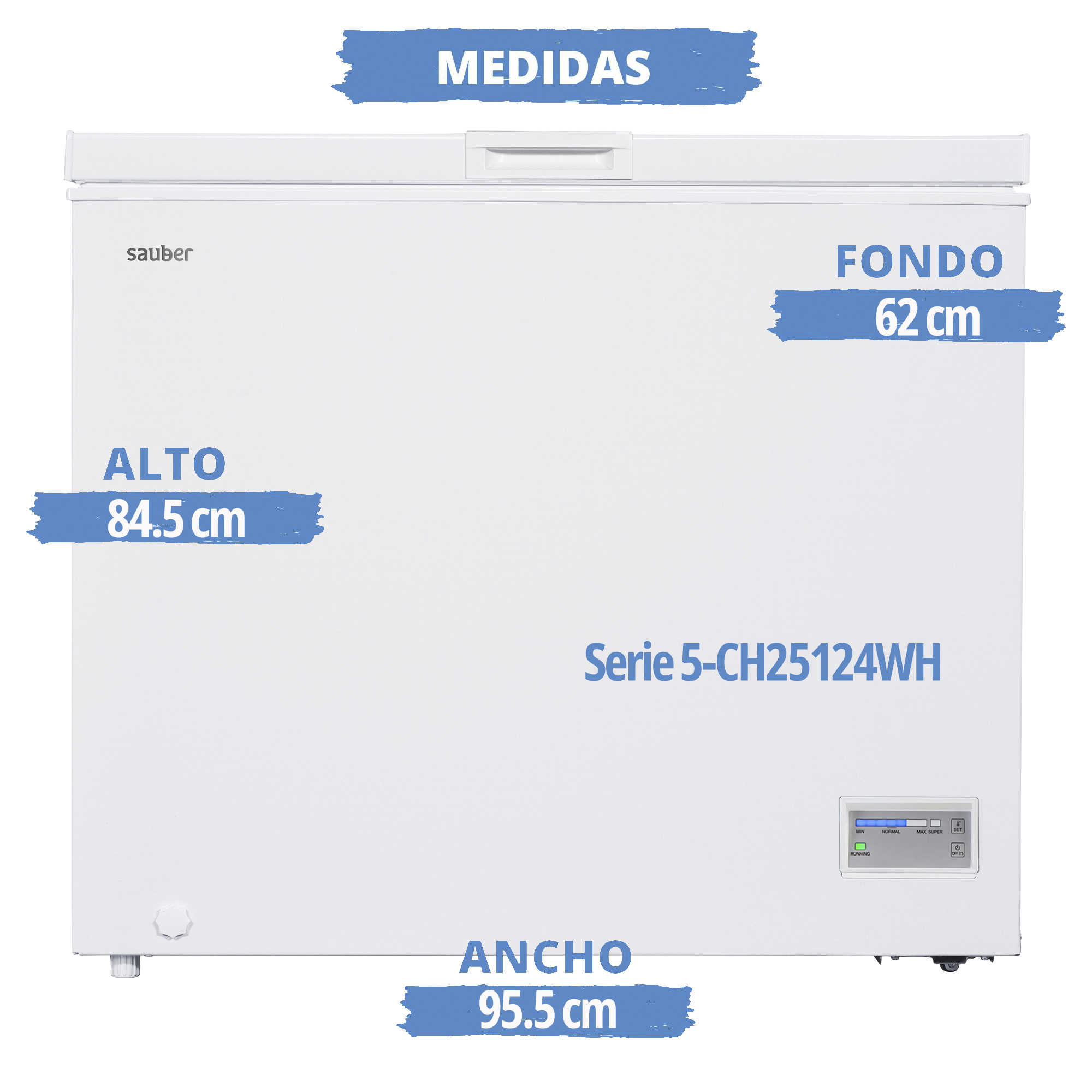 Congelador blanco con dimensiones etiquetadas. Nombre de marca Sauber y número de modelo visibles.