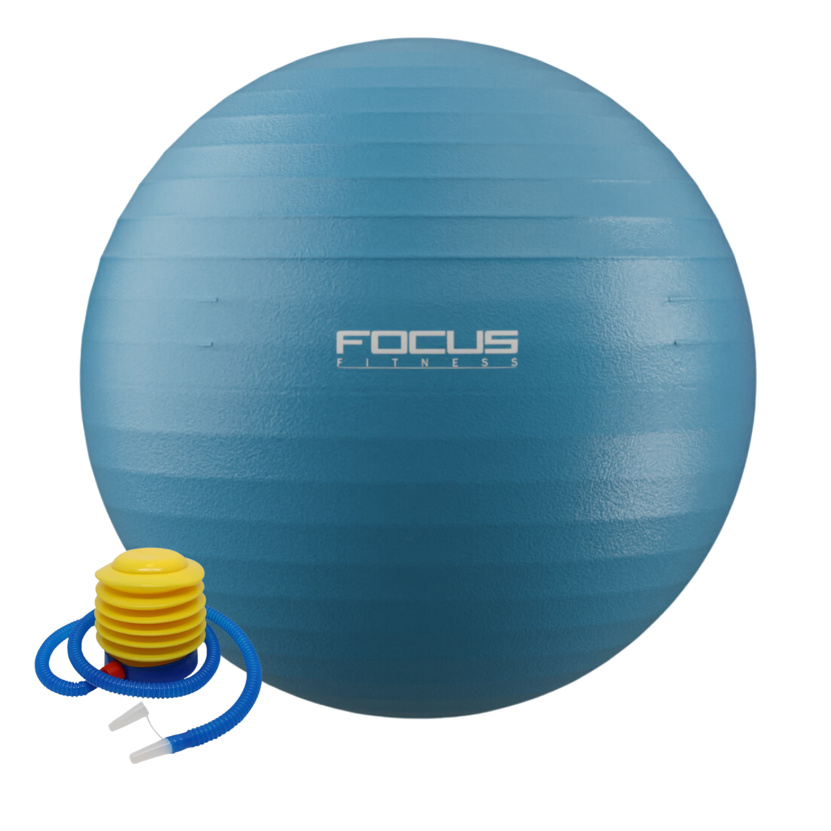 Blauwe oefenbal met een pomp. Bal heeft Focus Fitness tekst.