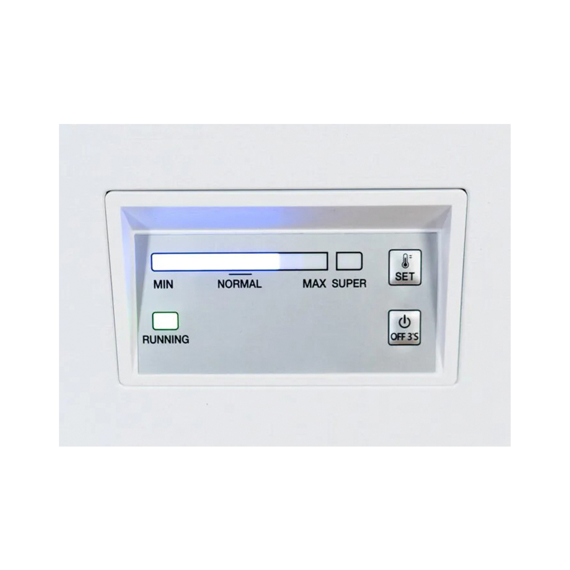 Panel de control de electrodomésticos blanco con botones y una barra de luz azul que muestra la configuración.