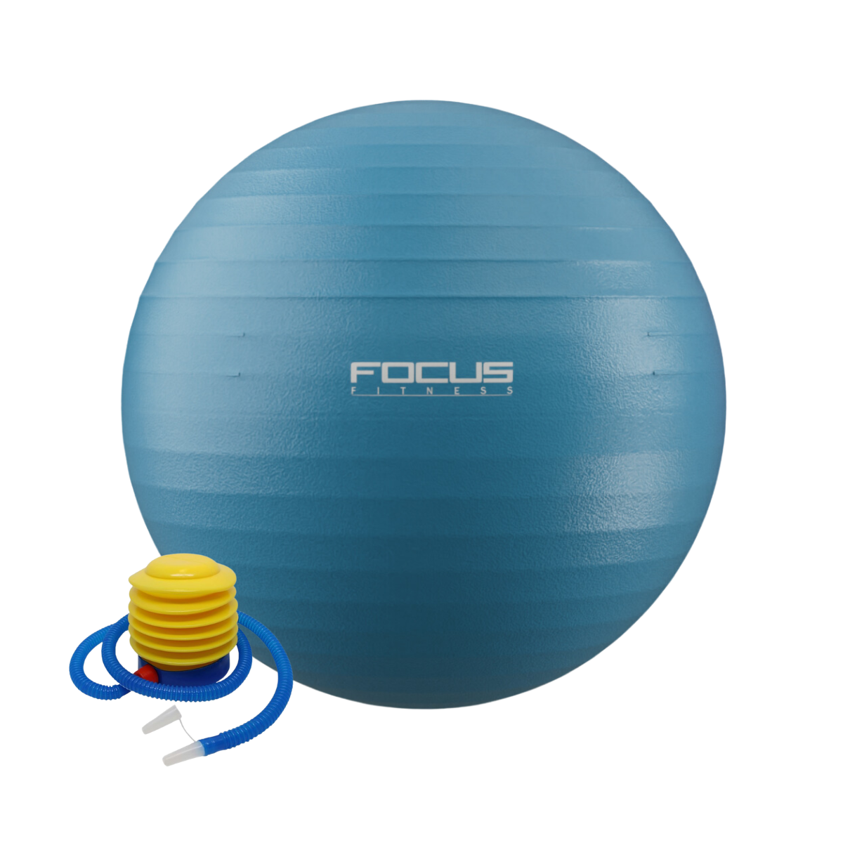 Balle de fitness bleue avec pompe, fond blanc.
