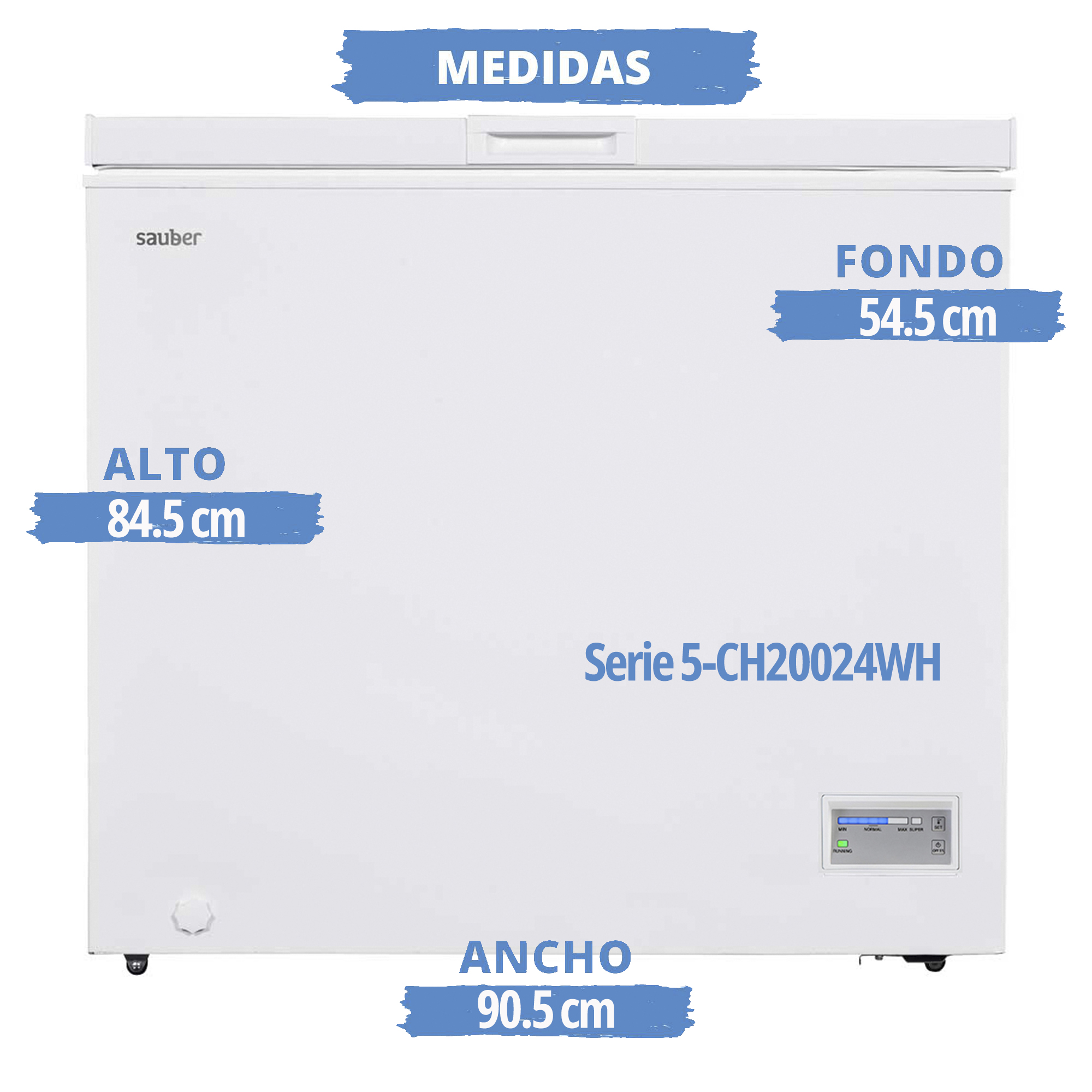 Congelador blanco con dimensiones etiquetadas. Vista frontal, medidas claras mostradas.
