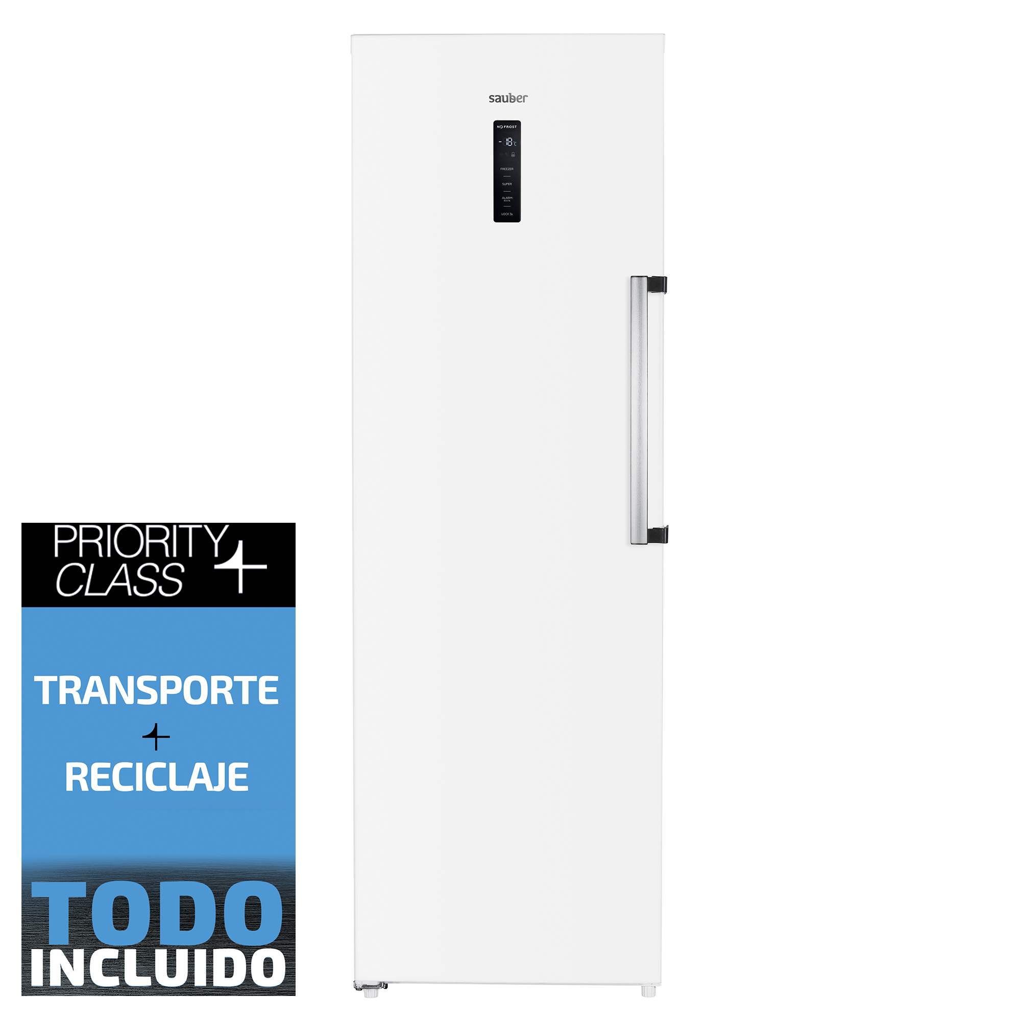 Un frigorífico Sauber blanco con pantalla digital negra y asa plateada.