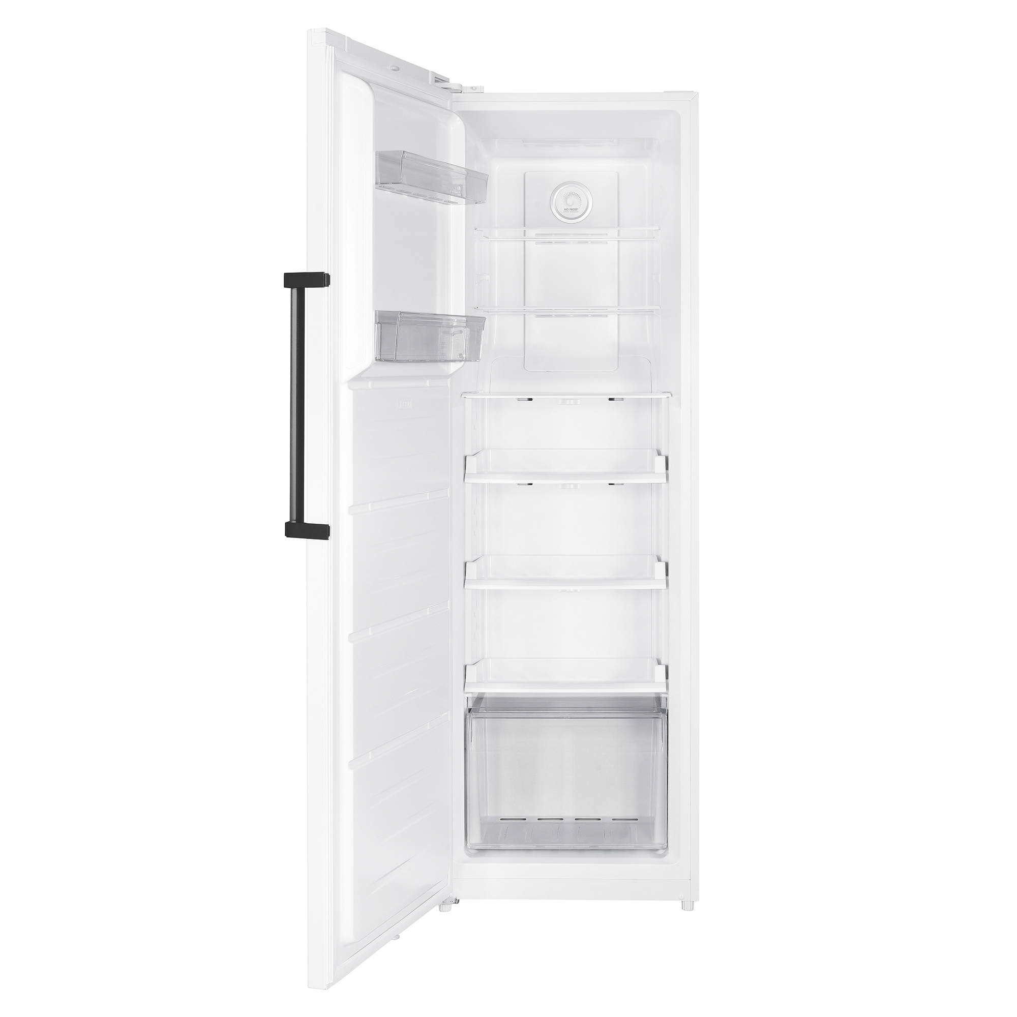 Refrigerador blanco con puerta abierta que muestra estantes y cajones, con manija negra.