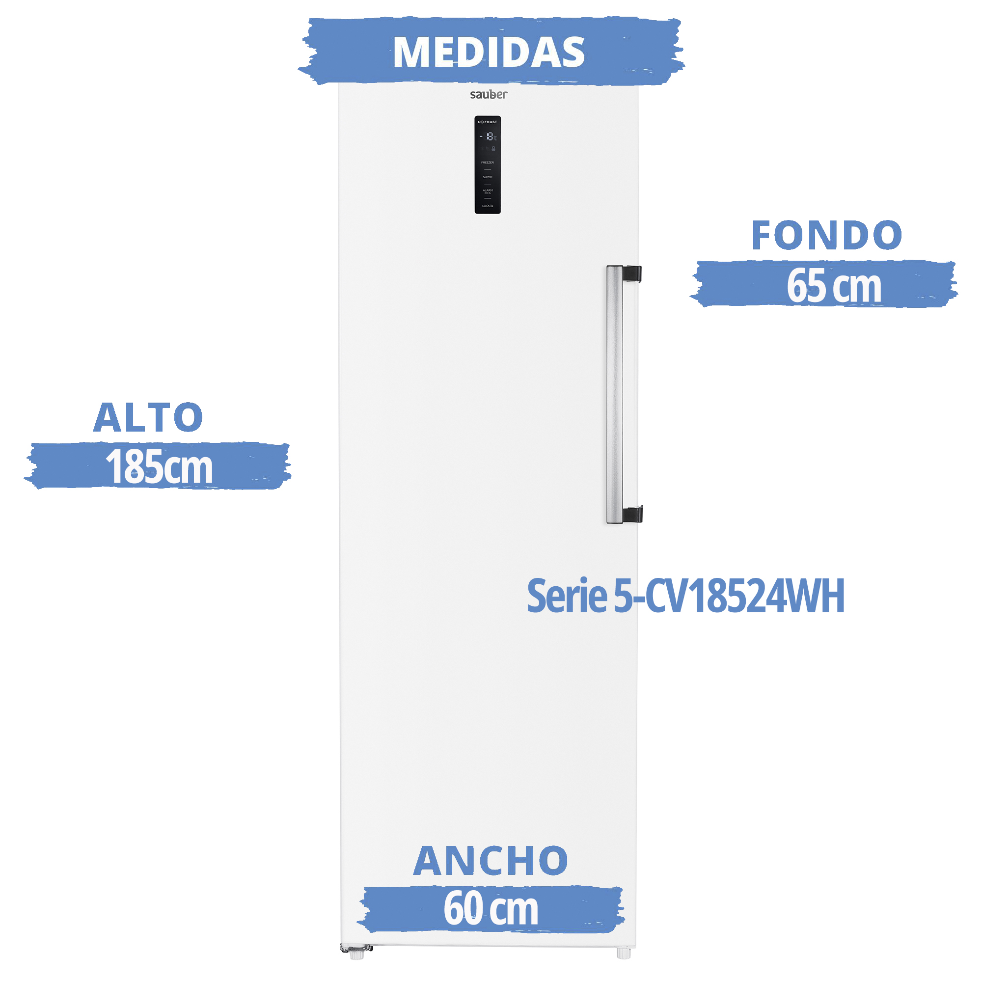 Refrigerador Saüber blanco con etiquetas de medidas. Manija gris. Fondo blanco.