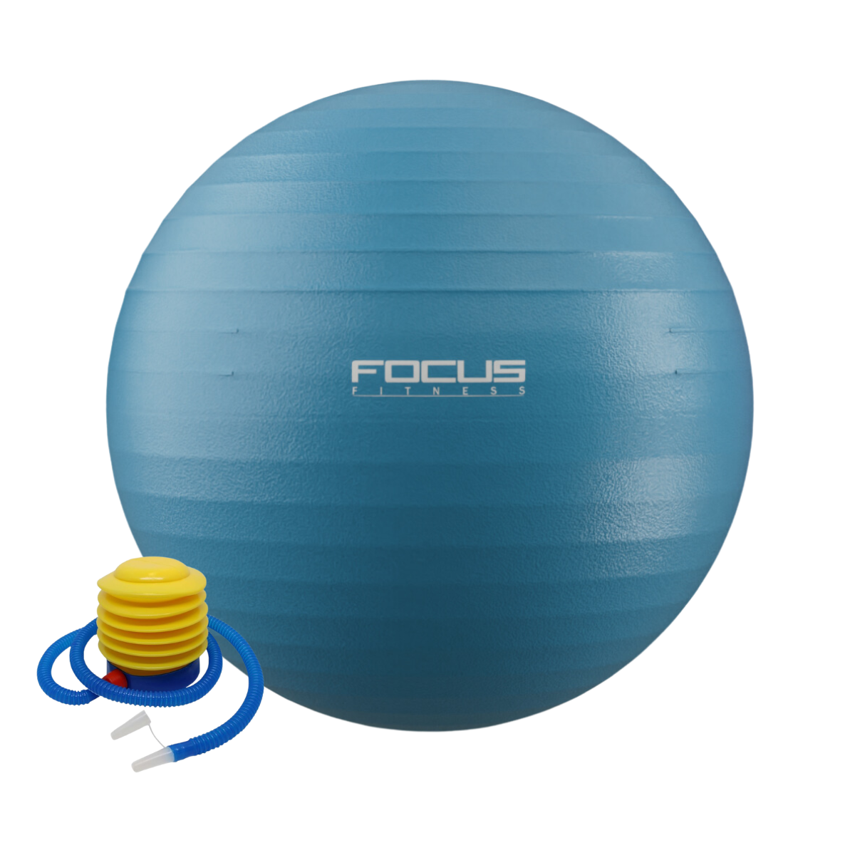 Balle de fitness bleue avec une pompe à air. 'FOCUS FITNESS' est écrit sur la balle. Fond blanc.