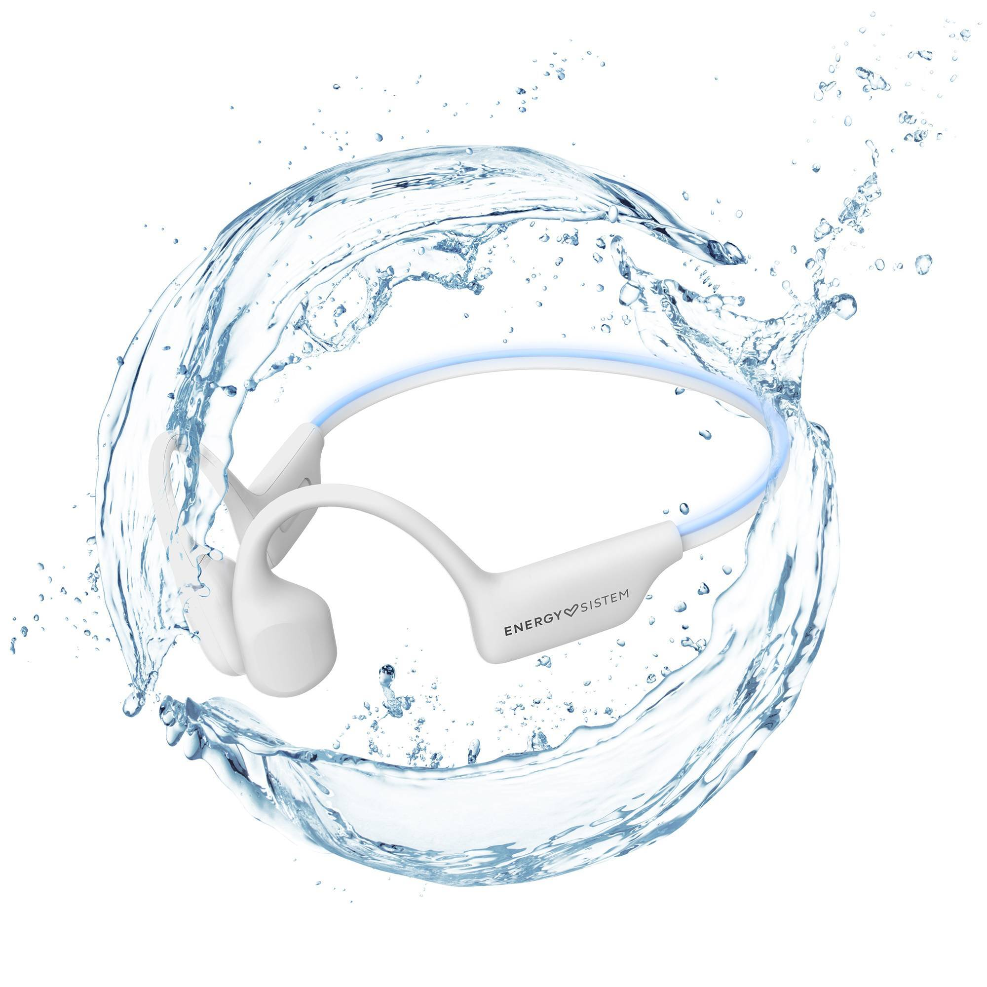 Auriculares de conducción ósea blancos en un chapoteo de agua, sobre fondo blanco.