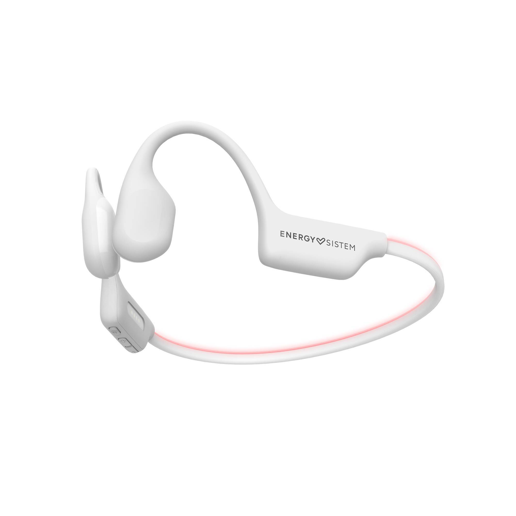 Auriculares de conducción ósea blancos con un acento rosa. La marca es visible. El fondo es blanco.