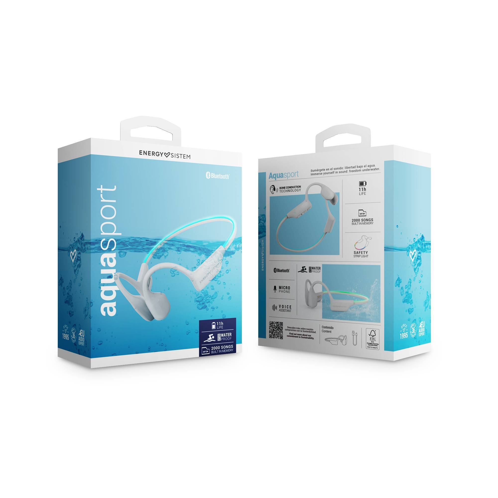 Auriculares aquasport blancos y azules en caja, con fondo blanco y vista lateral de los auriculares.