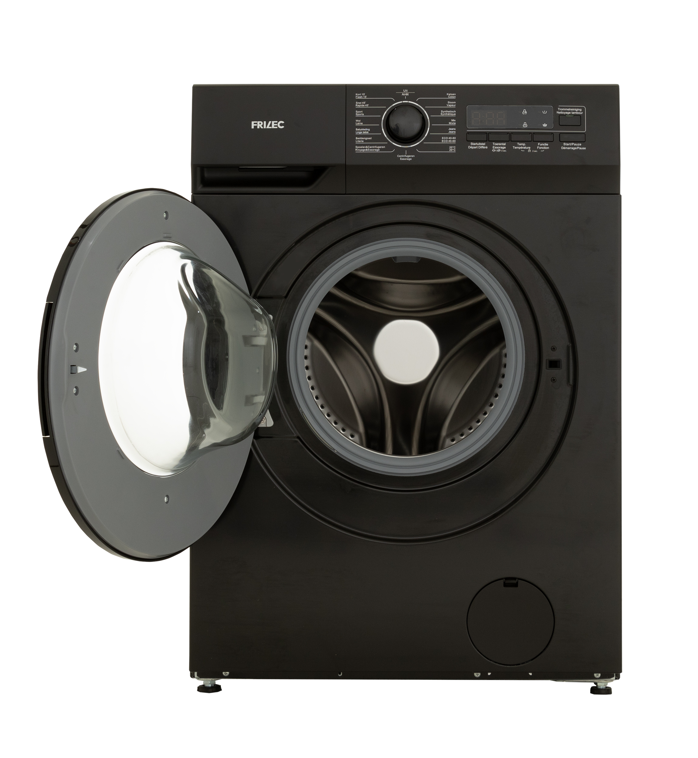 Black washing machine with open door. Control panel on top. White background.