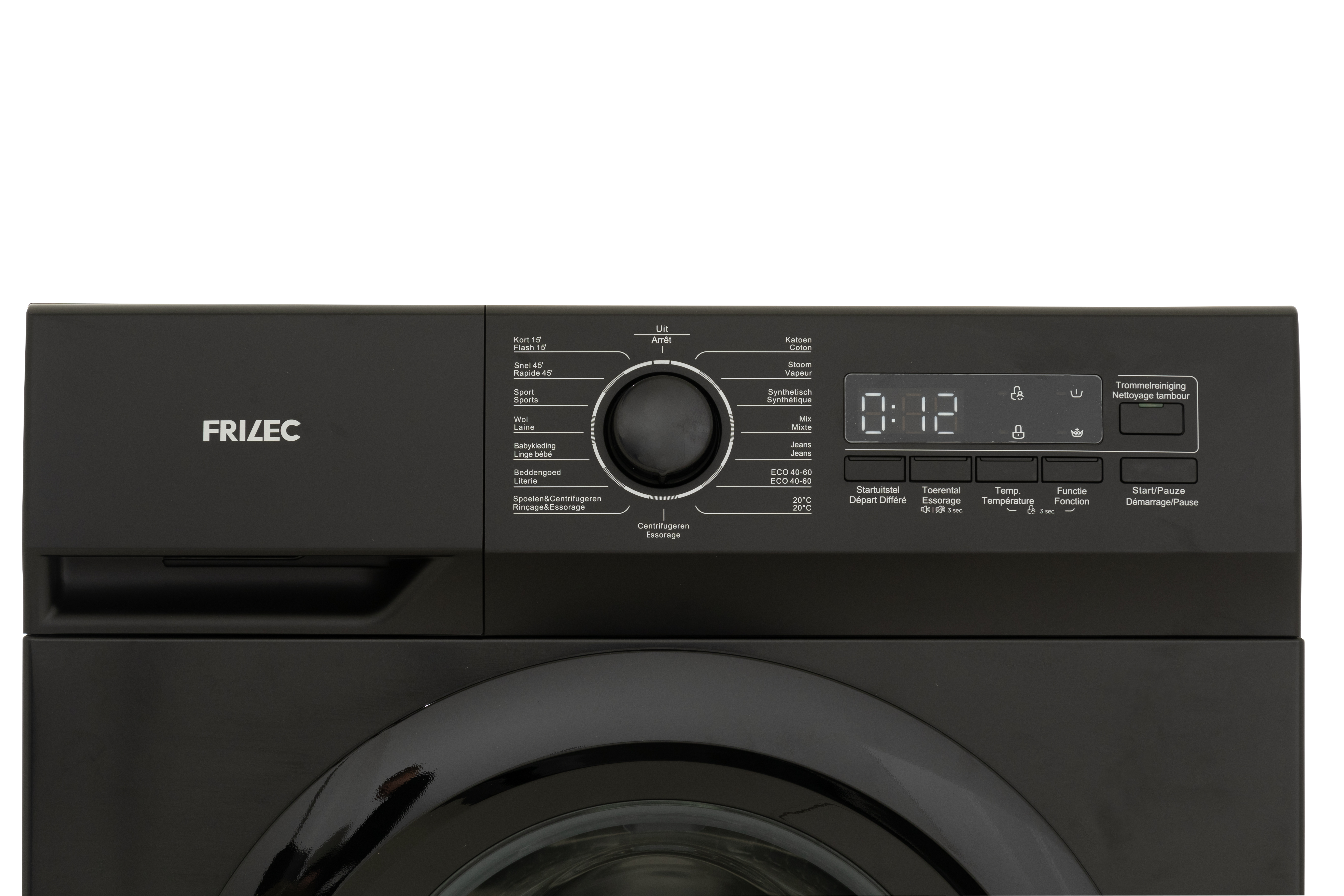 Close-up of a black Fruec washing machine control panel. It has a digital display and several buttons.