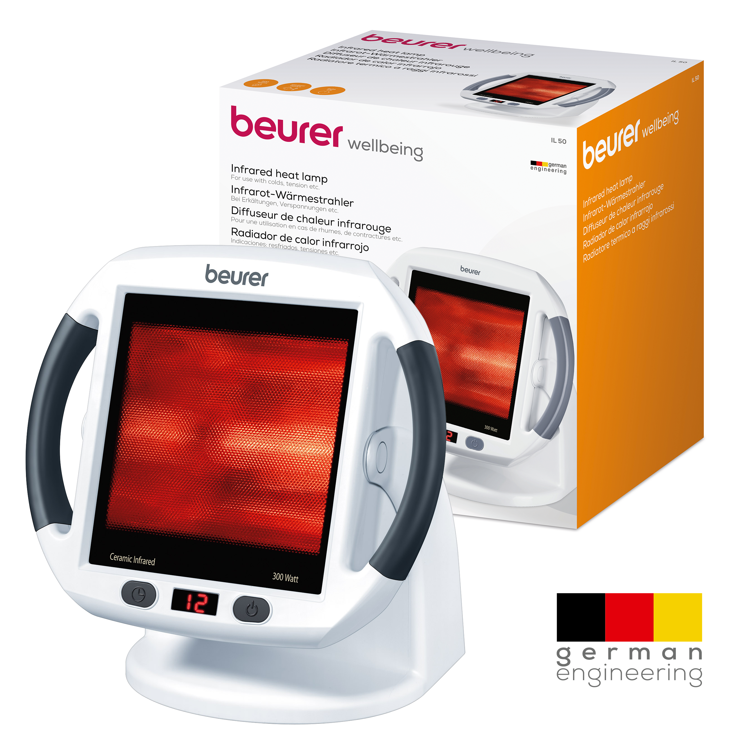 Infrared heat lamp, white, with red heating element.  Boxed, with German text and logo.