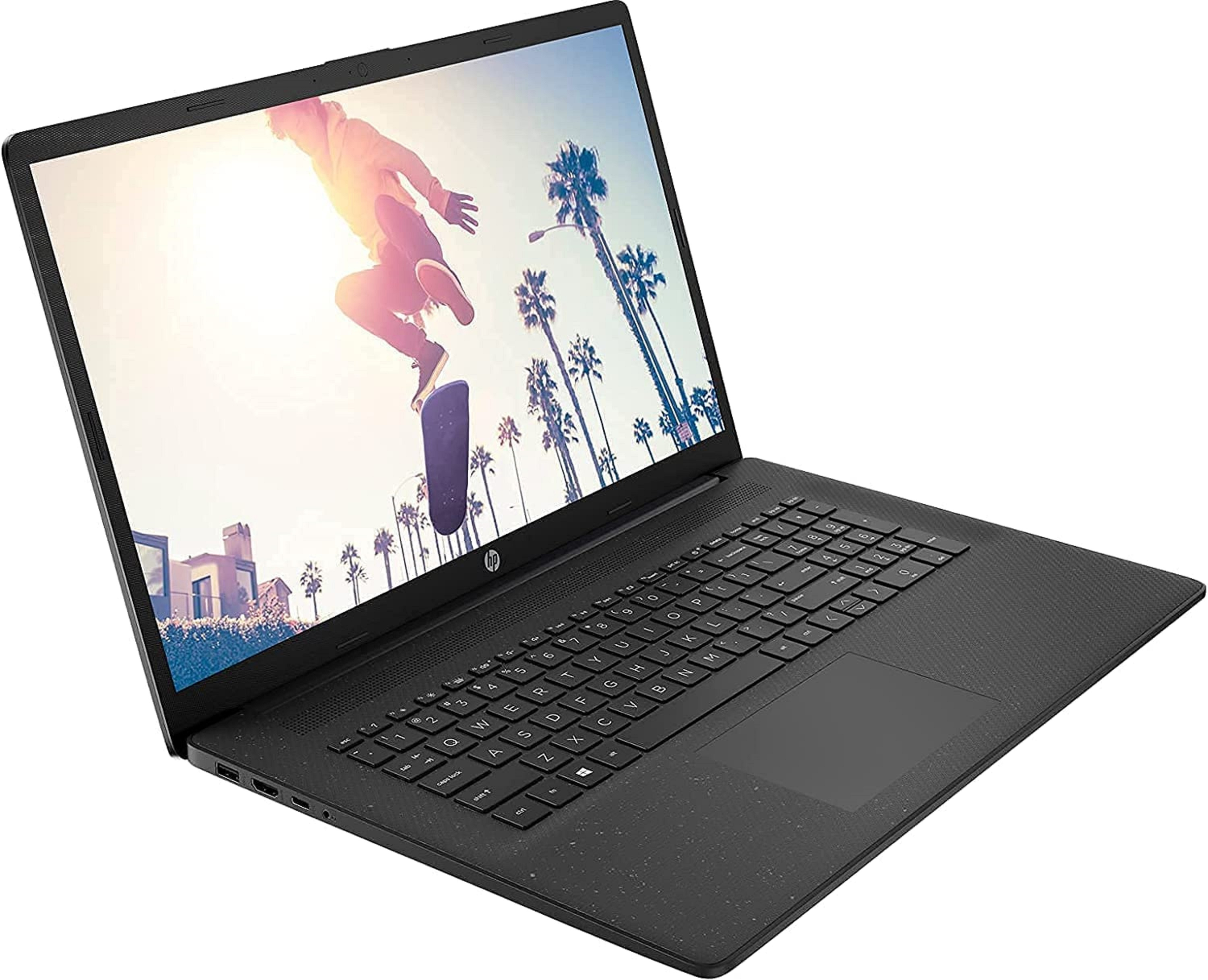Ein schwarzer Laptop, geöffnet, mit einer Person, die auf dem Bildschirm skatet.