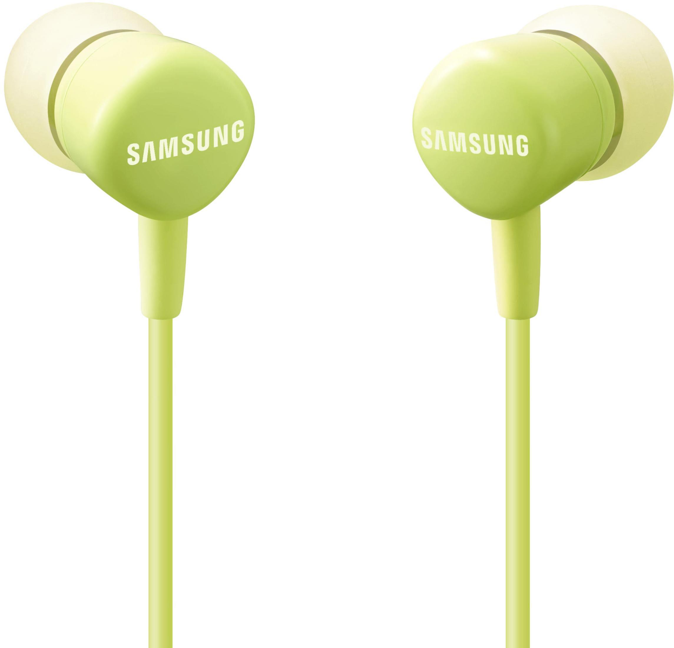 Due auricolari Samsung verdi. Gli auricolari hanno il logo Samsung.