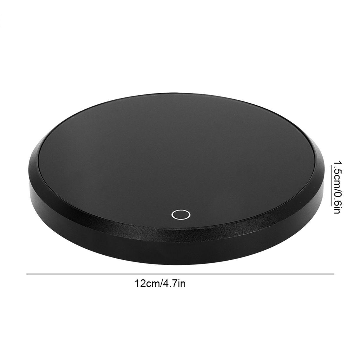 Ein schwarzes rundes Gerät mit einer Touch-Taste und Messungen.
